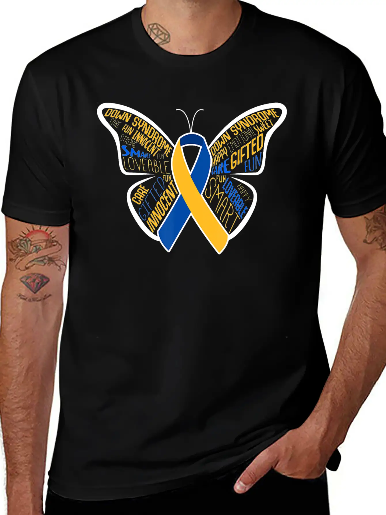 Down Syndrome Awareness Month Butterfly Word Cloud Essential Cotton Tee For Daily Outfits ¨C Unisex Style
