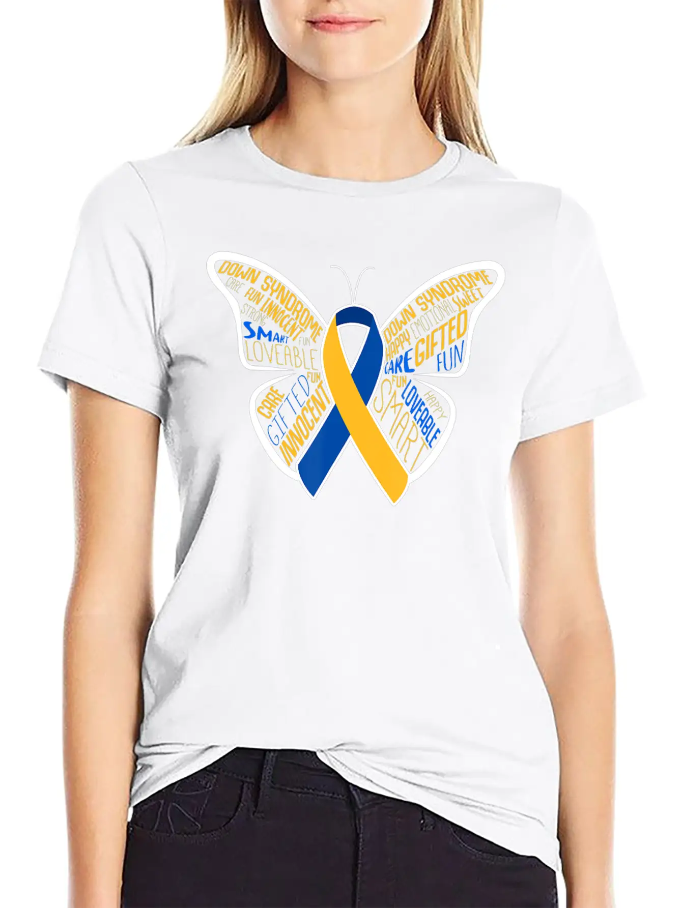 Down Syndrome Awareness Month Butterfly Word Cloud Essential Cotton Tee For Daily Outfits ¨C Unisex Style