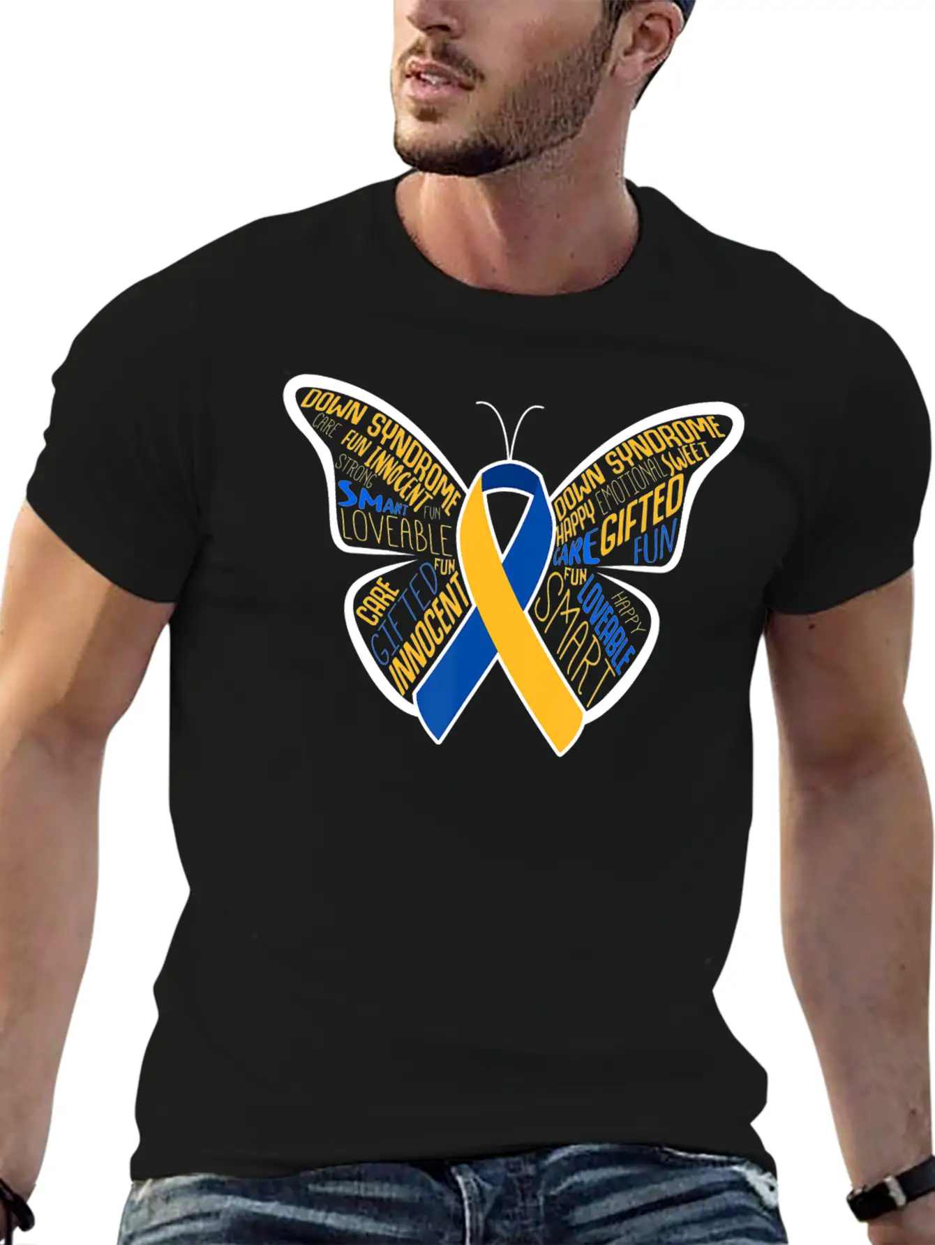 Down Syndrome Awareness Month Butterfly Word Cloud Essential Cotton Tee For Daily Outfits ¨C Unisex Style