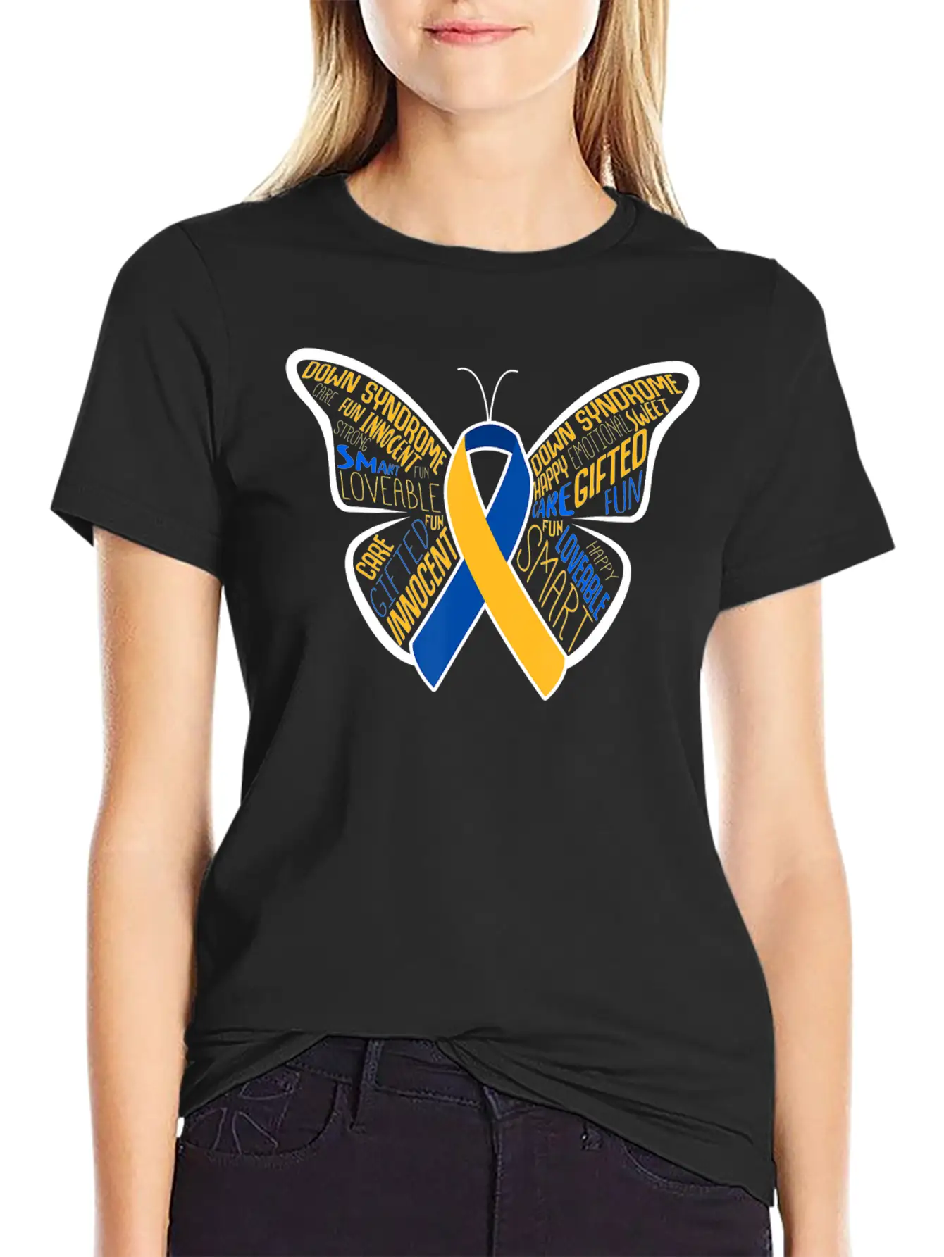 Down Syndrome Awareness Month Butterfly Word Cloud Essential Cotton Tee For Daily Outfits ¨C Unisex Style