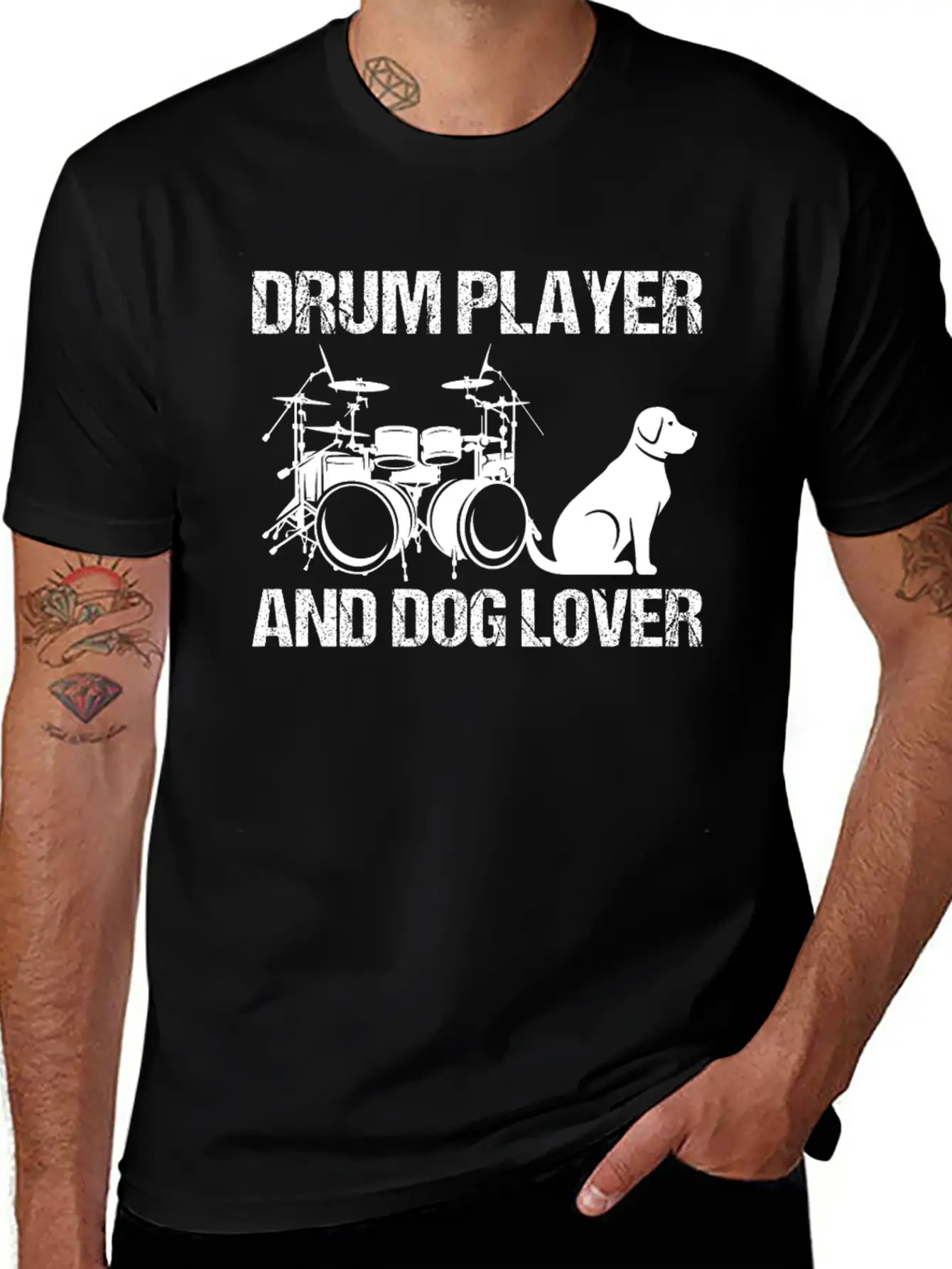 Drum Player And Dog Lover Drumming Musician Drums Basic Graphic T-Shirt ¨C Daily Comfort In Soft Cotton
