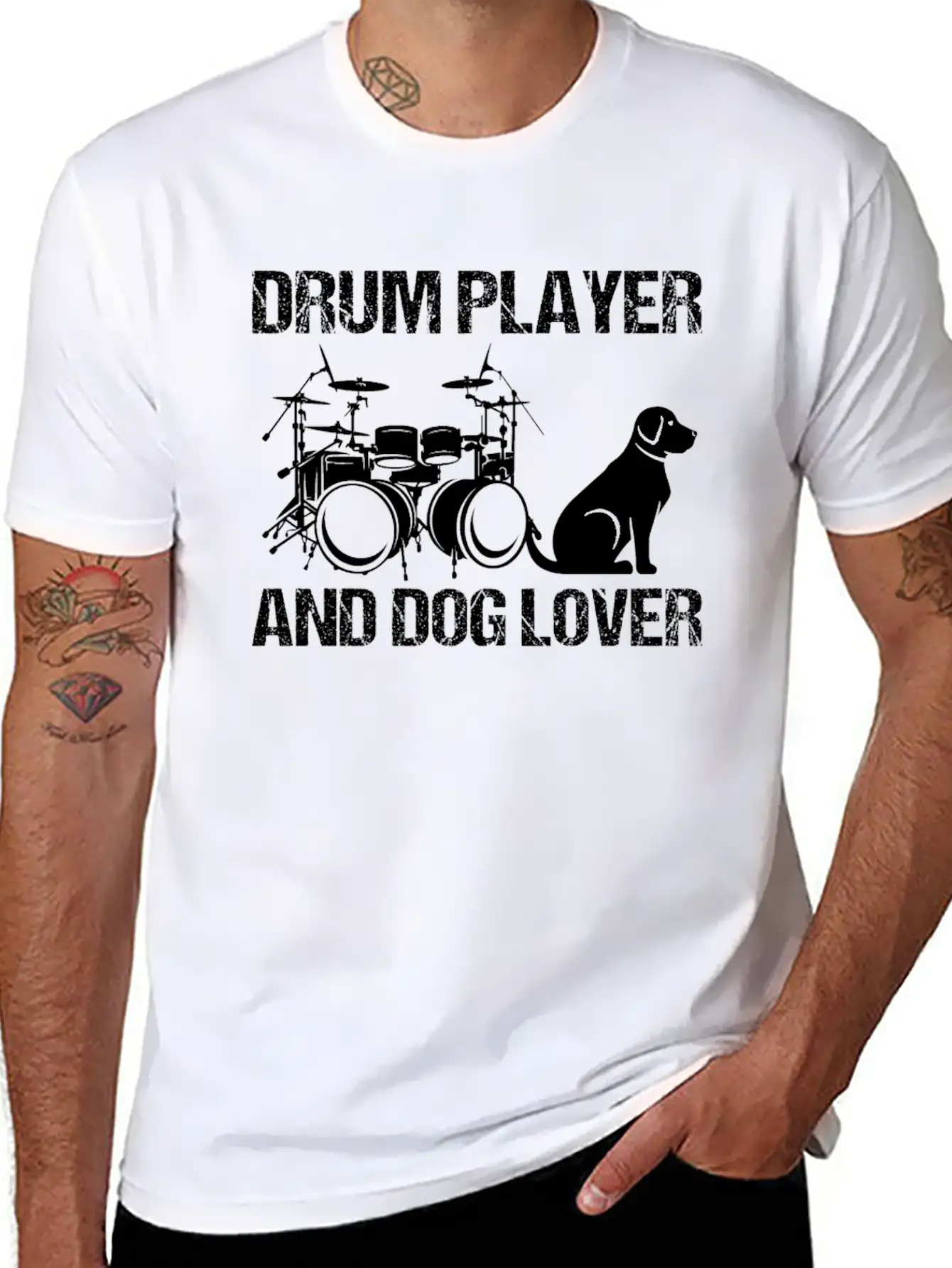 Drum Player And Dog Lover Drumming Musician Drums Basic Graphic T-Shirt ¨C Daily Comfort In Soft Cotton