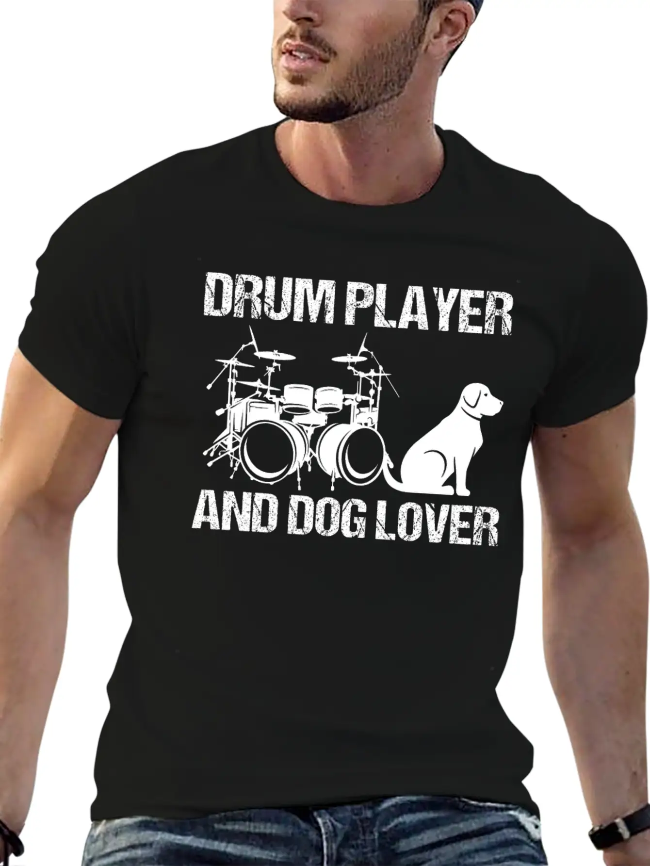 Drum Player And Dog Lover Drumming Musician Drums Basic Graphic T-Shirt ¨C Daily Comfort In Soft Cotton
