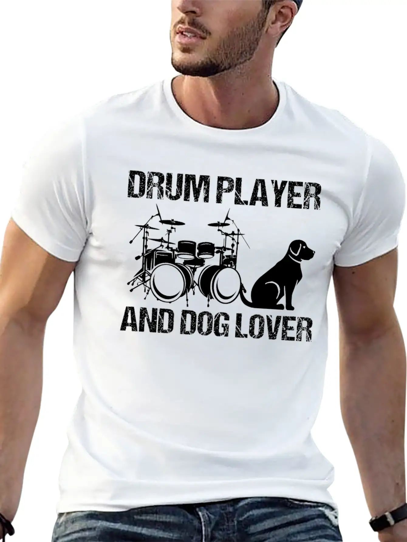 Drum Player And Dog Lover Drumming Musician Drums Basic Graphic T-Shirt ¨C Daily Comfort In Soft Cotton