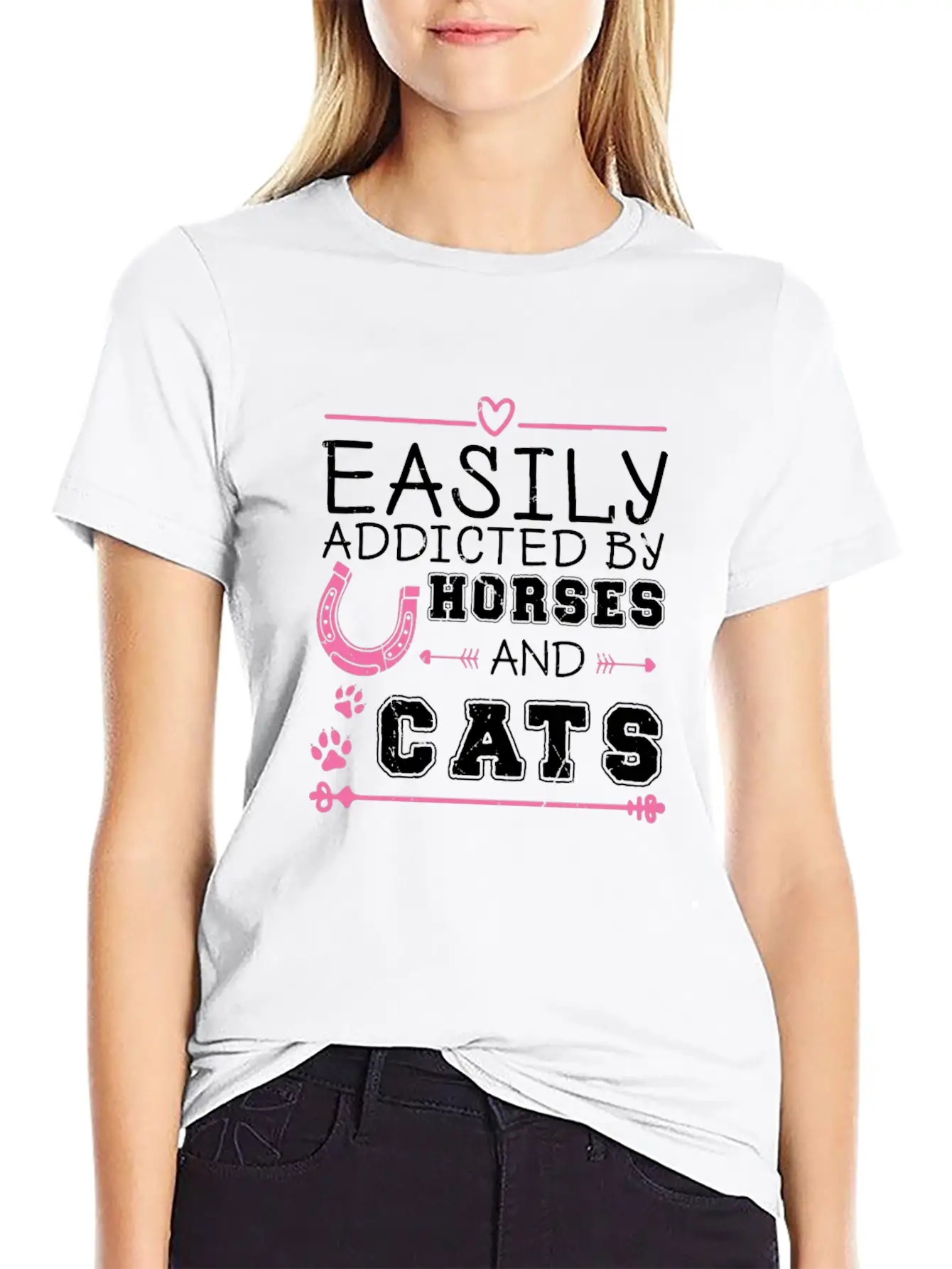 Easily Addicted By Horses And Cats Horse Lovers Basic Graphic T-Shirt ¨C Daily Comfort In Soft Cotton