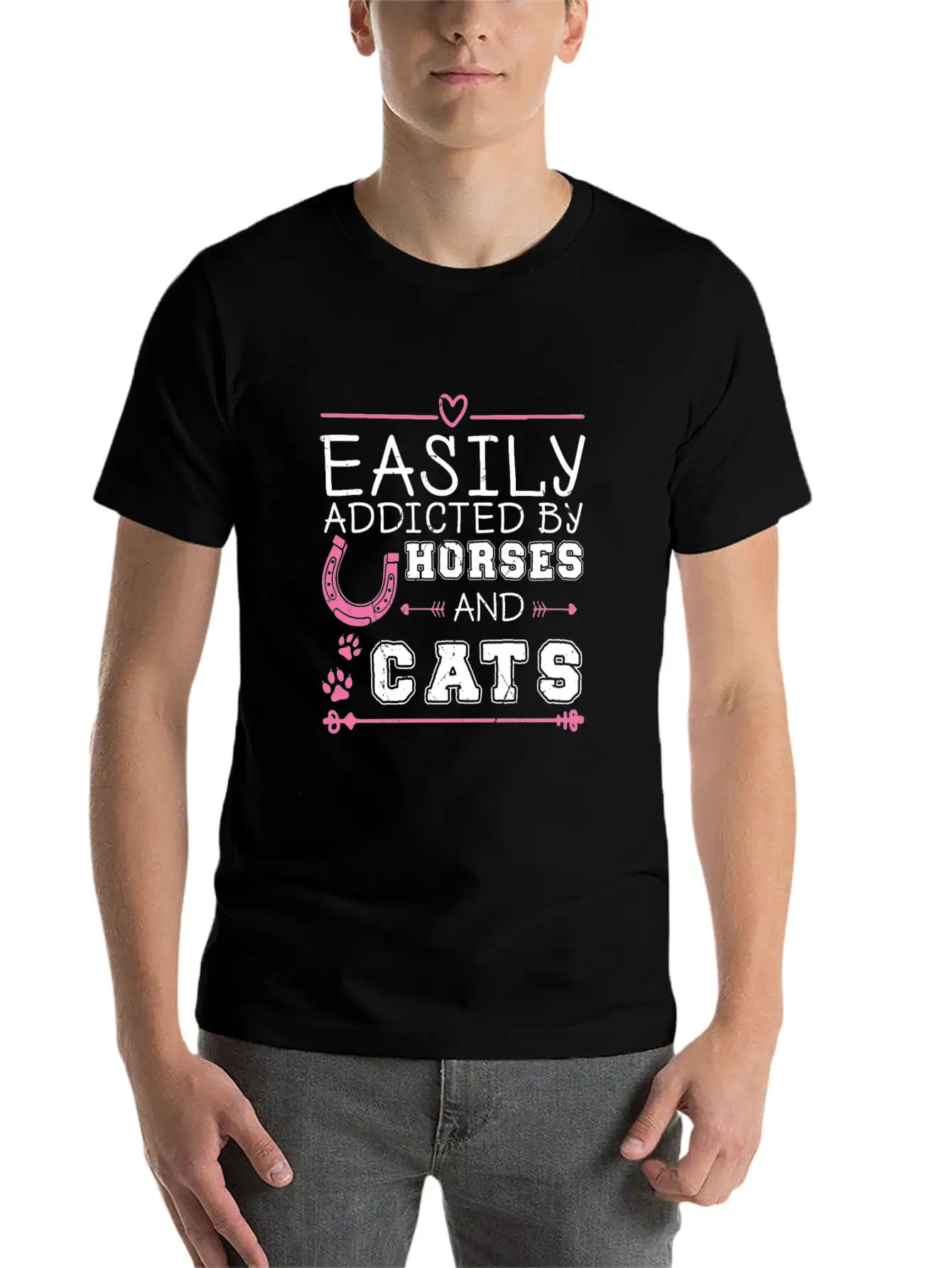 Easily Addicted By Horses And Cats Horse Lovers Basic Graphic T-Shirt ¨C Daily Comfort In Soft Cotton