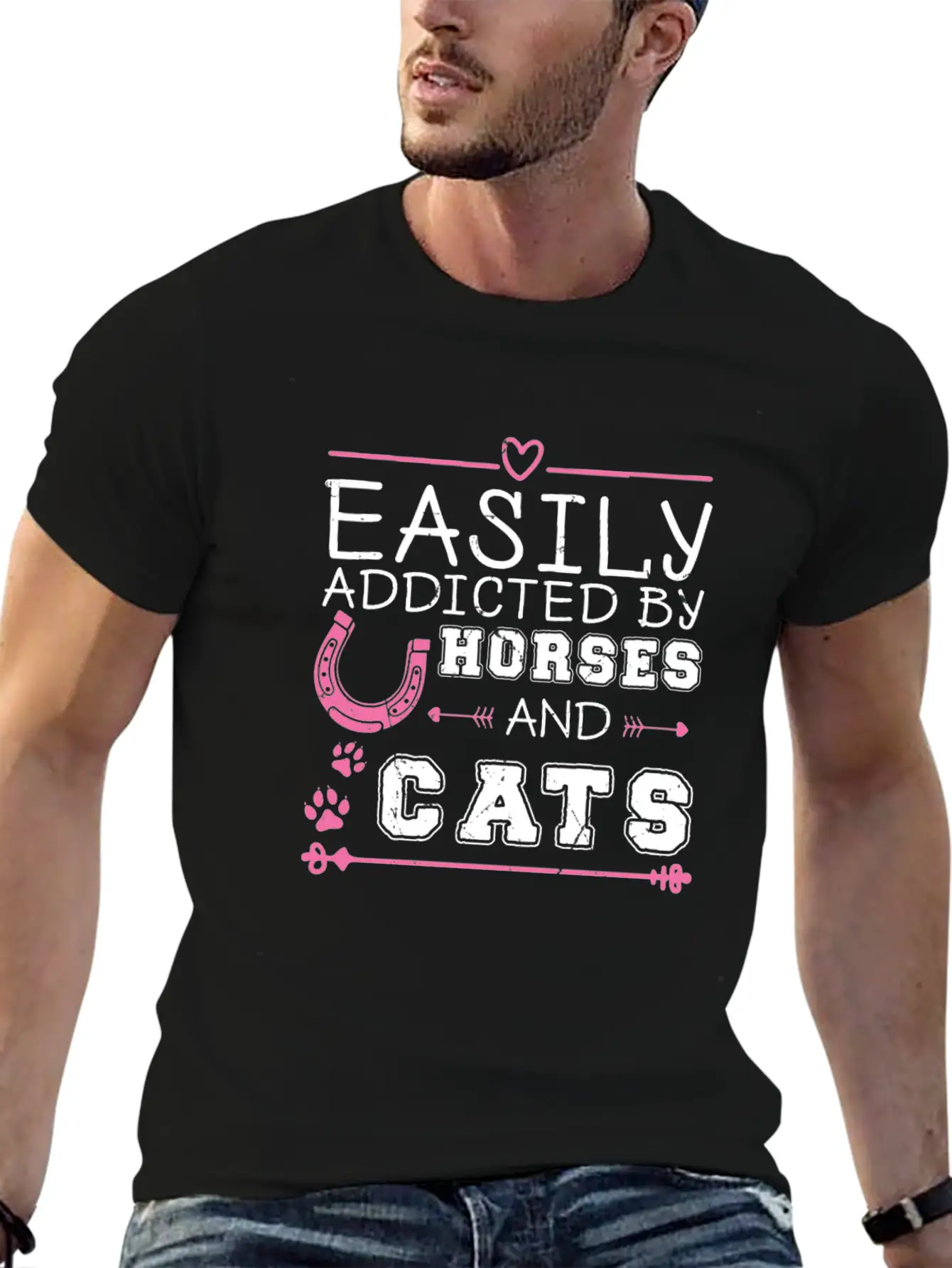 Easily Addicted By Horses And Cats Horse Lovers Basic Graphic T-Shirt ¨C Daily Comfort In Soft Cotton