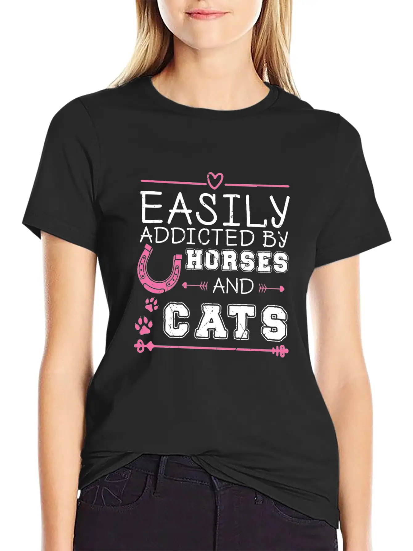 Easily Addicted By Horses And Cats Horse Lovers Basic Graphic T-Shirt ¨C Daily Comfort In Soft Cotton