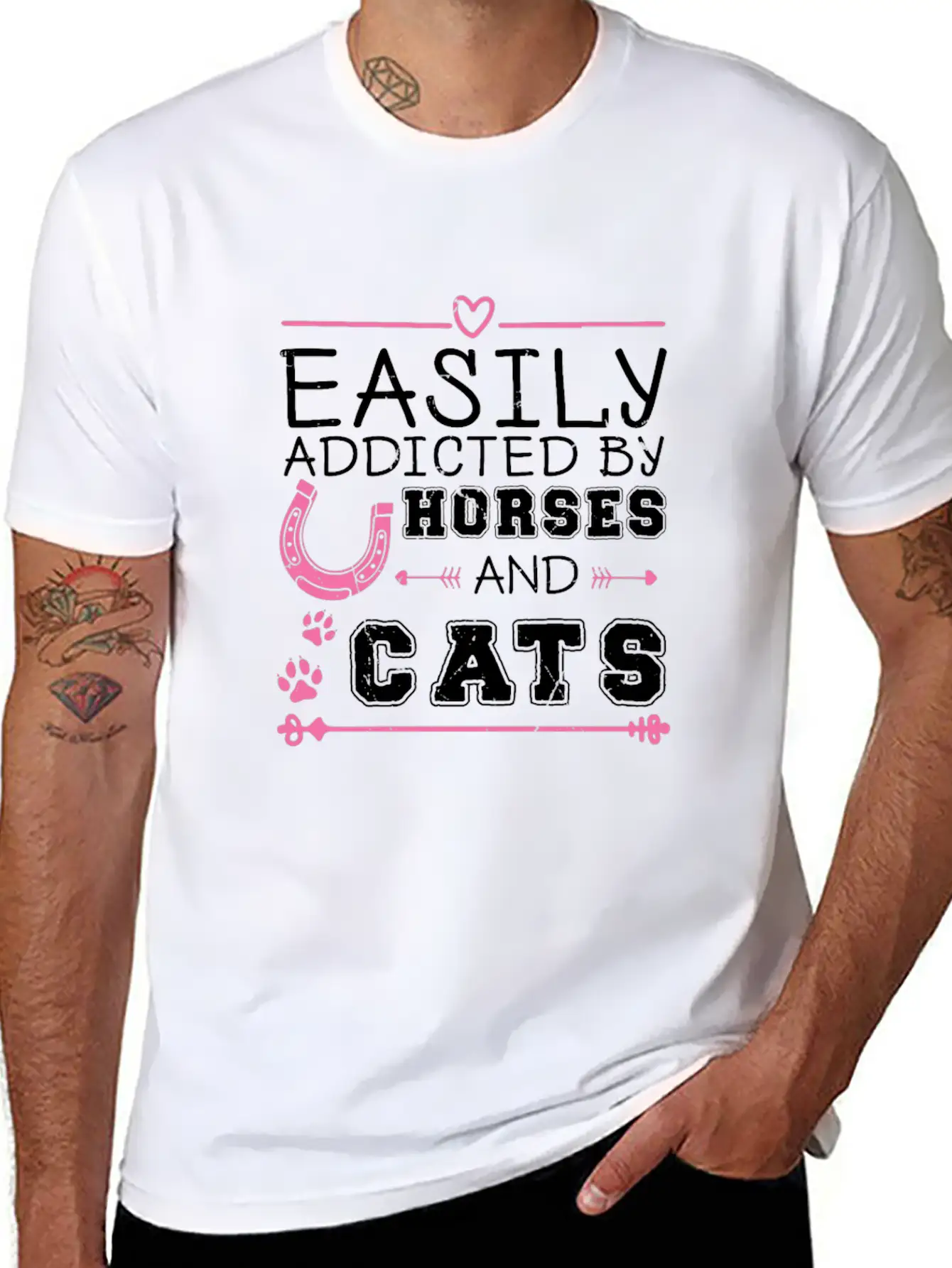 Easily Addicted By Horses And Cats Horse Lovers Basic Graphic T-Shirt ¨C Daily Comfort In Soft Cotton