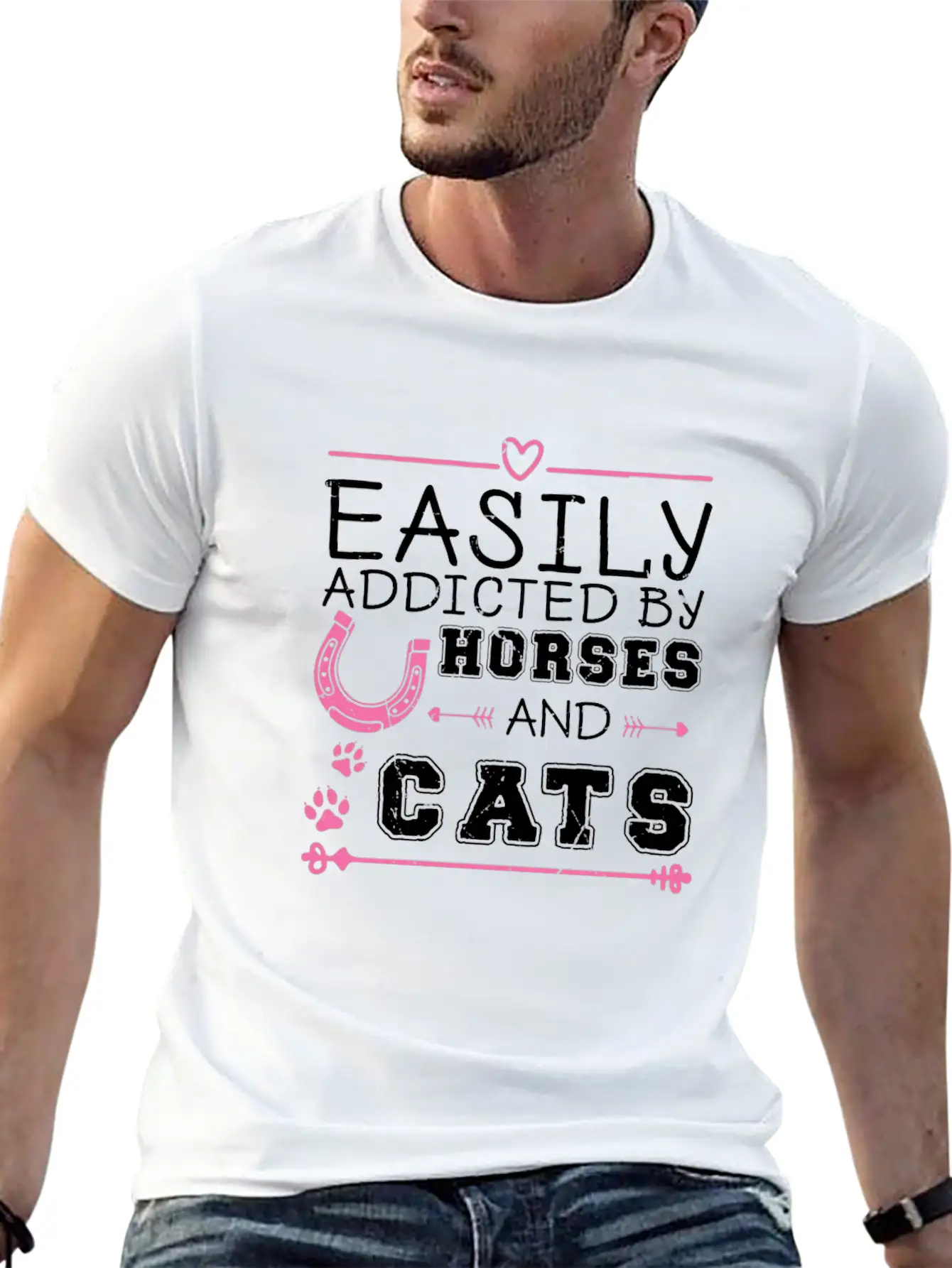Easily Addicted By Horses And Cats Horse Lovers Basic Graphic T-Shirt ¨C Daily Comfort In Soft Cotton
