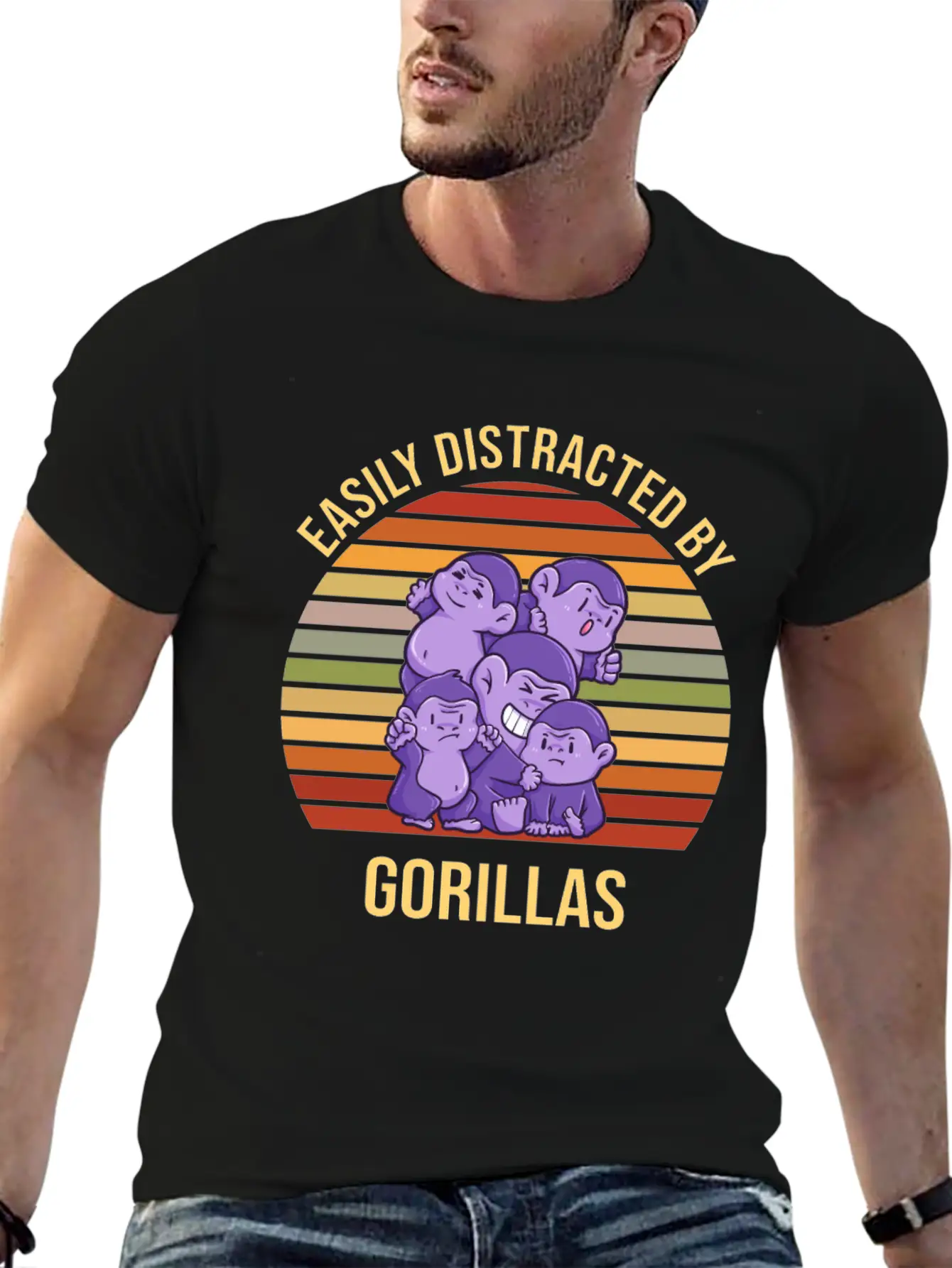 Easily Distracted By Gorillas Sunset Basic Graphic T-Shirt ¨C Daily Comfort In Soft Cotton