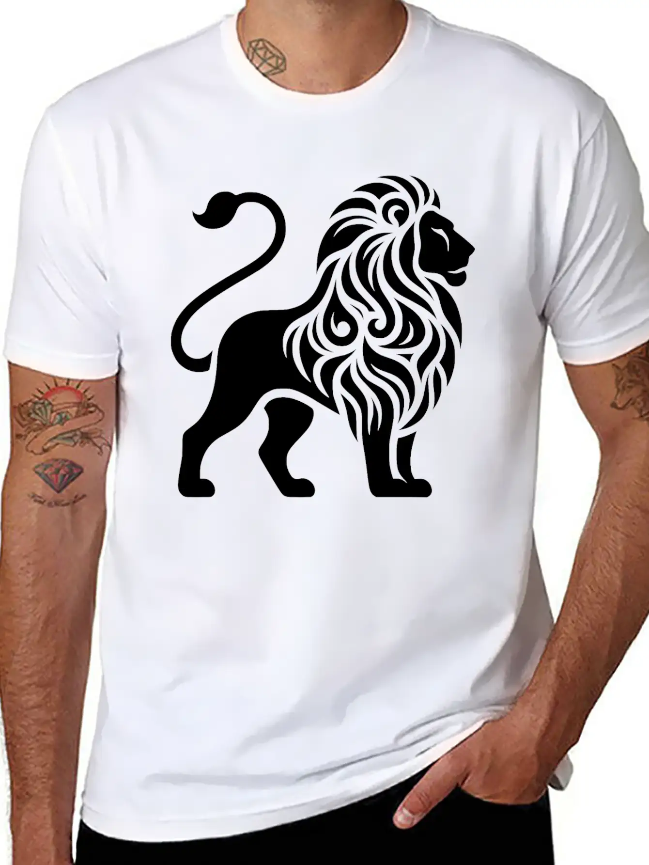 Elegant Tattoo Lion With A Mighty Mane Essential Cotton Tee For Daily Outfits ¨C Unisex Style