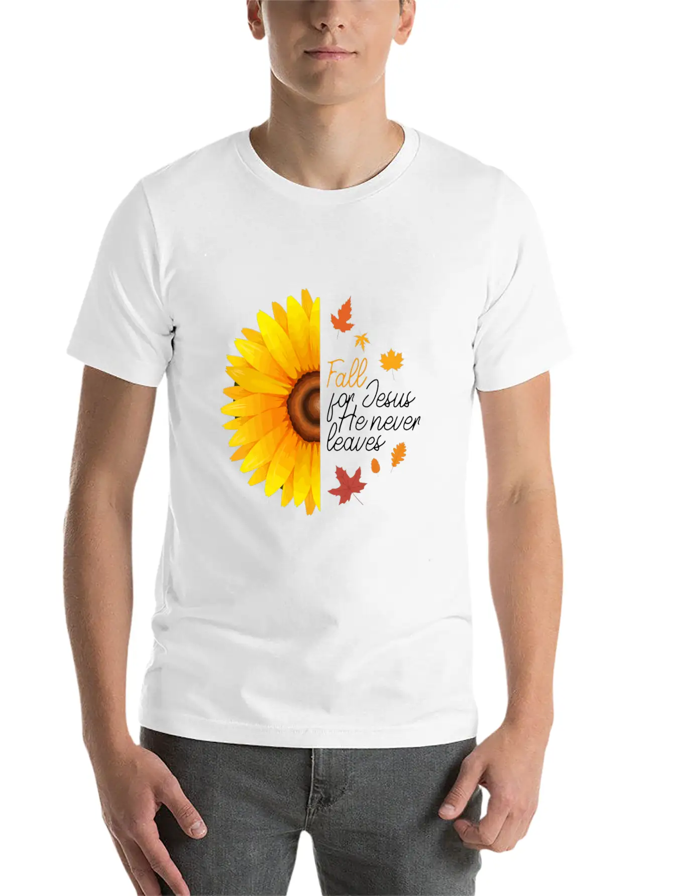 Fall For Jesus He Never Leaves Autumn Sunflower Ch Basic Graphic T-Shirt ¨C Daily Comfort In Soft Cotton