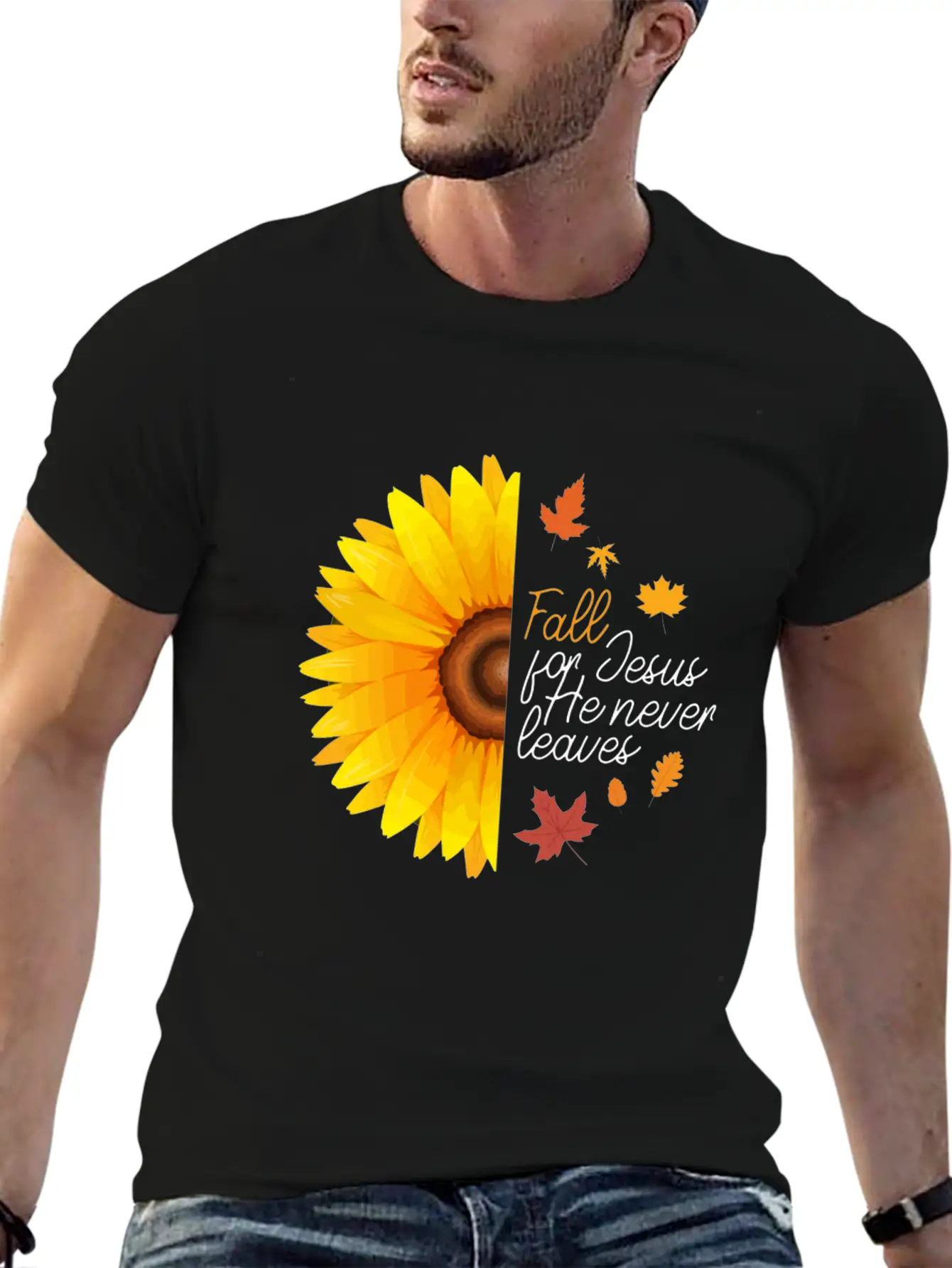 Fall For Jesus He Never Leaves Autumn Sunflower Ch Basic Graphic T-Shirt ¨C Daily Comfort In Soft Cotton