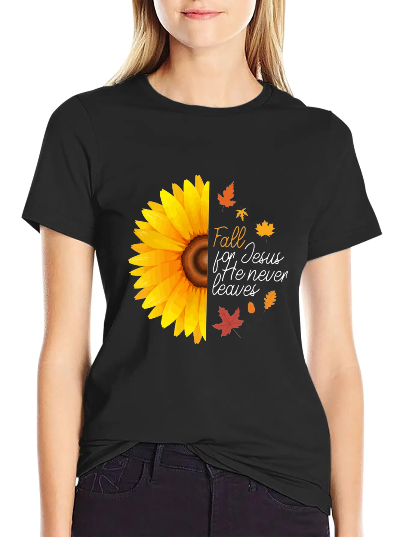 Fall For Jesus He Never Leaves Autumn Sunflower Ch Basic Graphic T-Shirt ¨C Daily Comfort In Soft Cotton