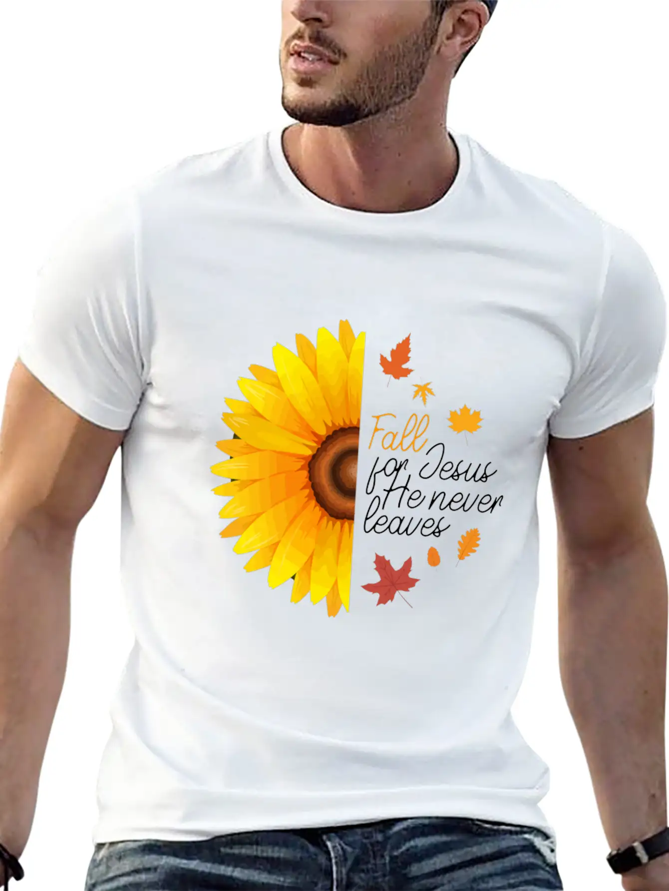 Fall For Jesus He Never Leaves Autumn Sunflower Ch Basic Graphic T-Shirt ¨C Daily Comfort In Soft Cotton
