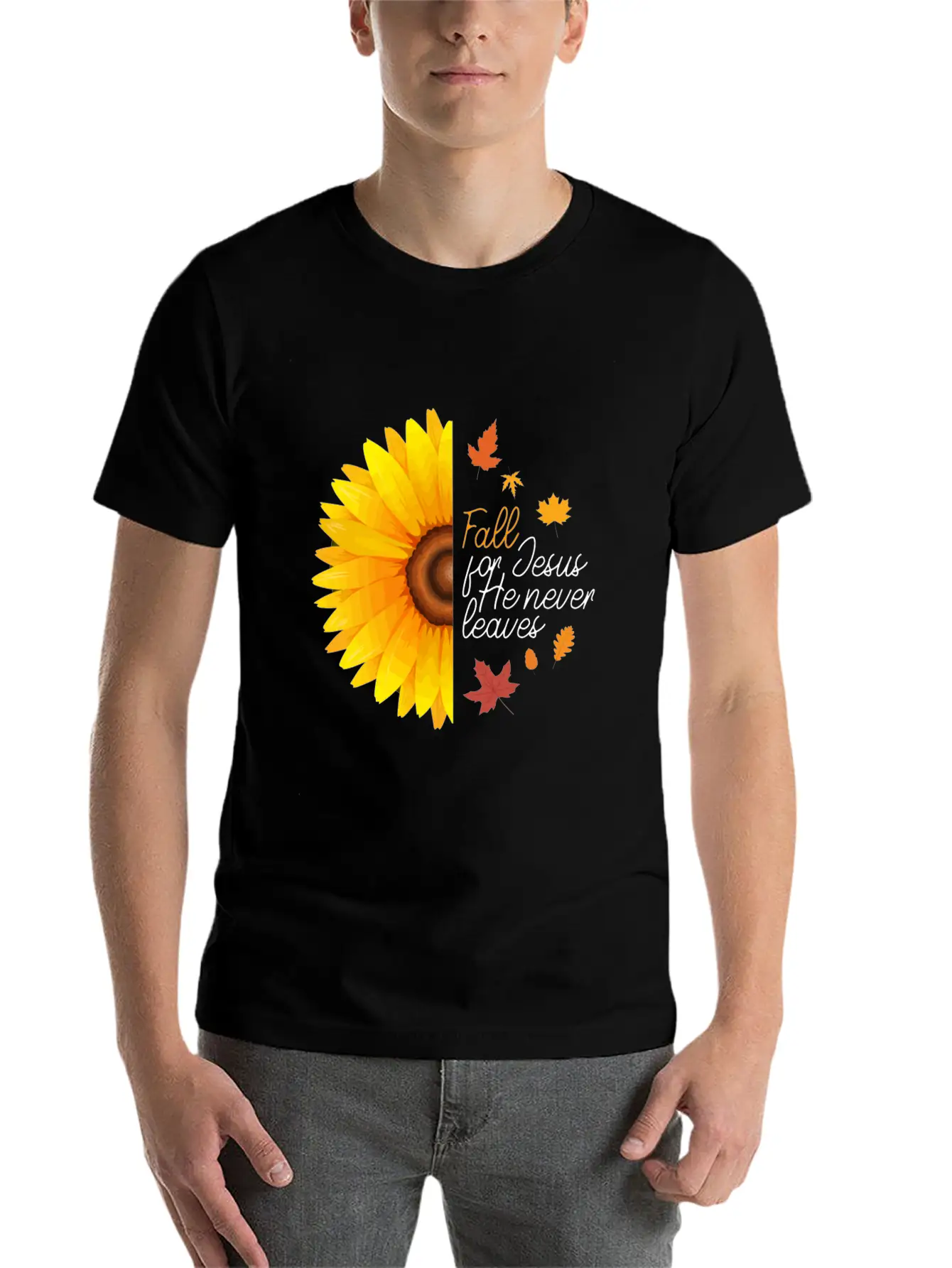 Fall For Jesus He Never Leaves Autumn Sunflower Ch Basic Graphic T-Shirt ¨C Daily Comfort In Soft Cotton