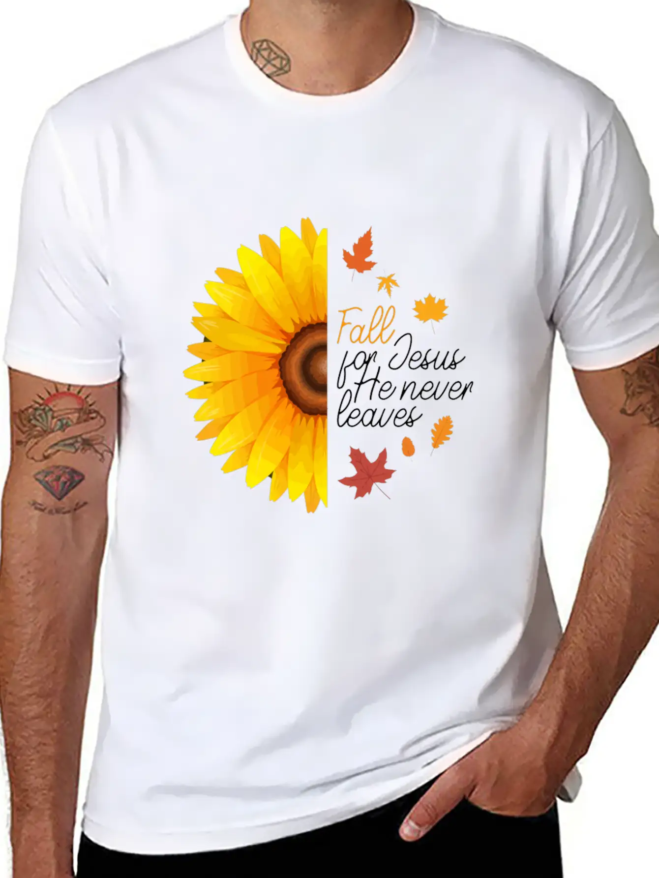 Fall For Jesus He Never Leaves Autumn Sunflower Ch Basic Graphic T-Shirt ¨C Daily Comfort In Soft Cotton