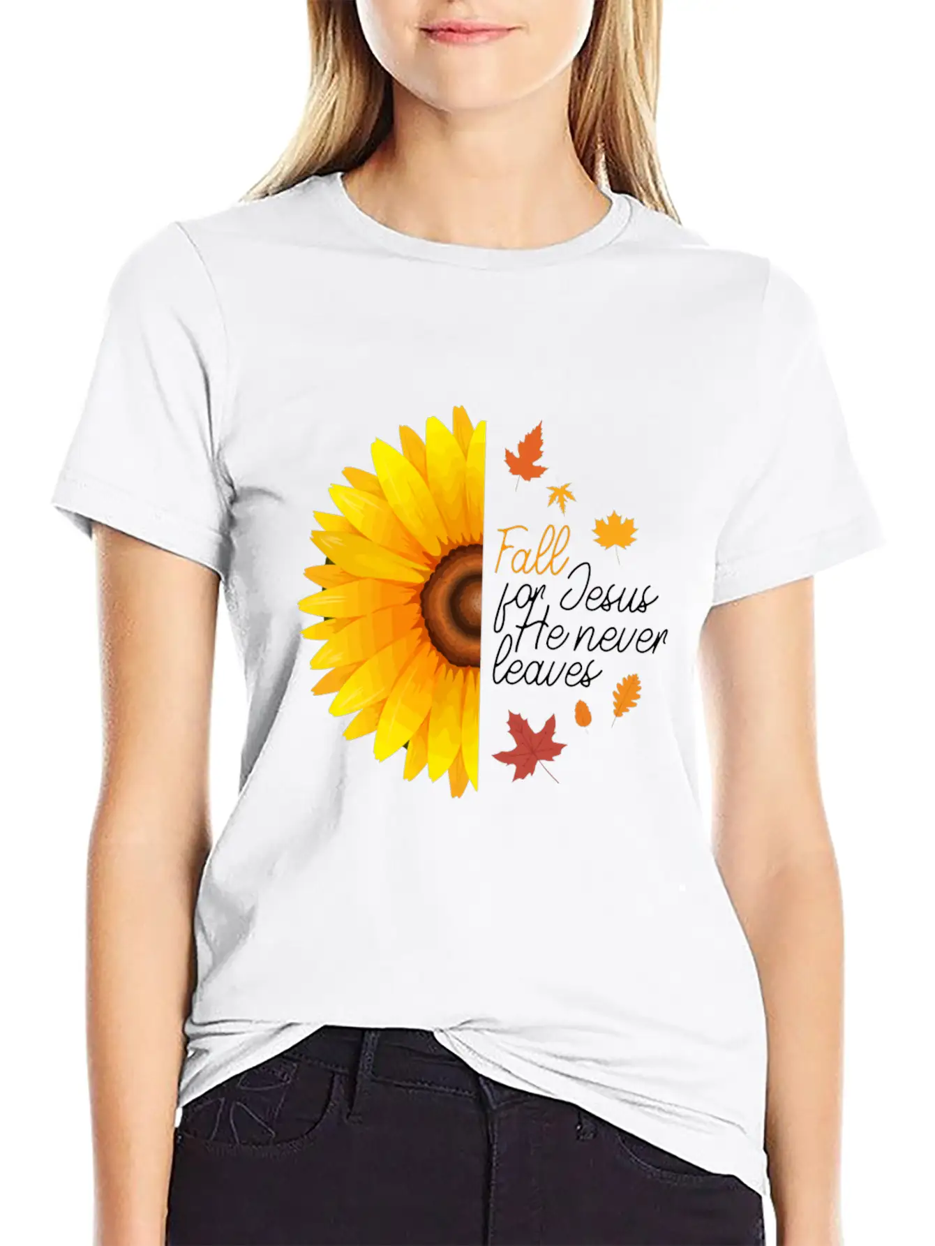 Fall For Jesus He Never Leaves Autumn Sunflower Ch Basic Graphic T-Shirt ¨C Daily Comfort In Soft Cotton