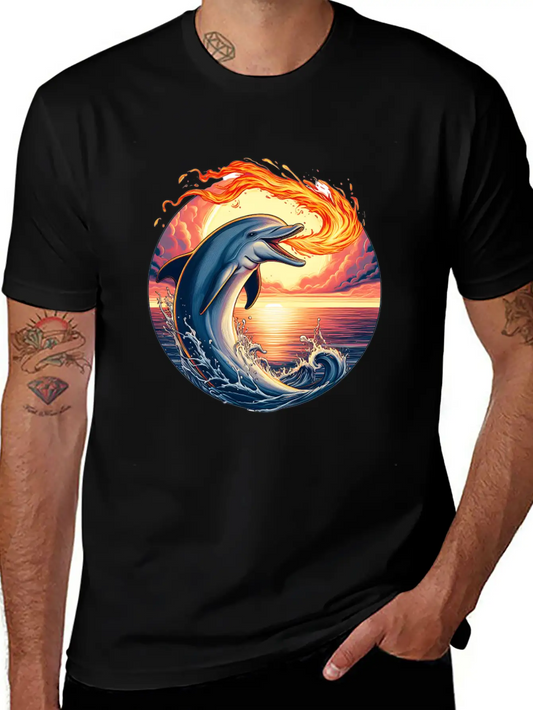 Fire-breathing Dolphin Sunset Basic Graphic T-Shirt ¨C Daily Comfort In Soft Cotton
