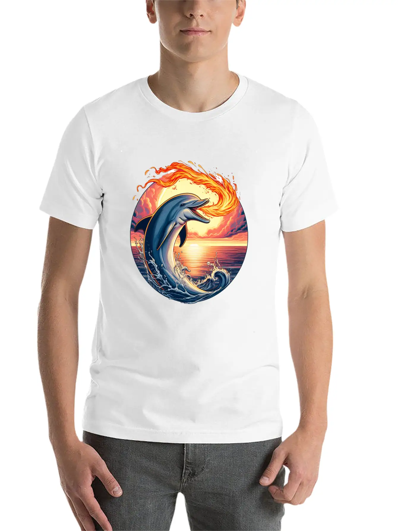 Fire-breathing Dolphin Sunset Basic Graphic T-Shirt ¨C Daily Comfort In Soft Cotton