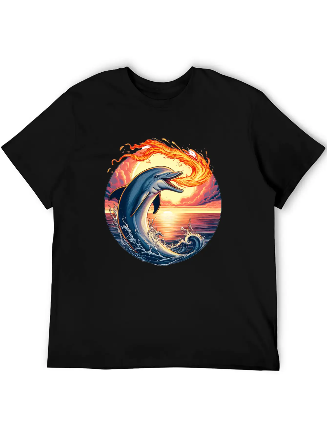 Fire-breathing Dolphin Sunset Basic Graphic T-Shirt ¨C Daily Comfort In Soft Cotton