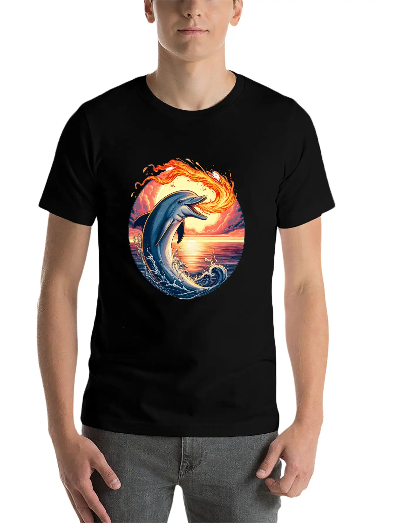 Fire-breathing Dolphin Sunset Basic Graphic T-Shirt ¨C Daily Comfort In Soft Cotton