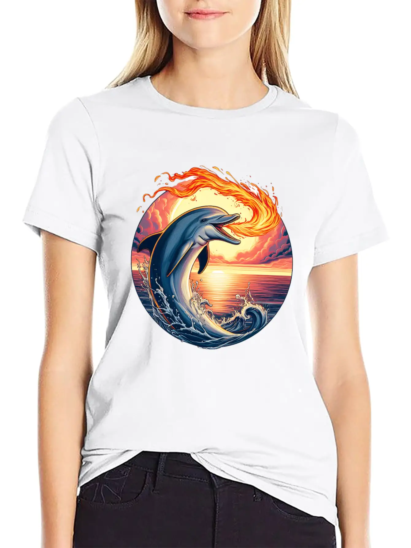 Fire-breathing Dolphin Sunset Basic Graphic T-Shirt ¨C Daily Comfort In Soft Cotton