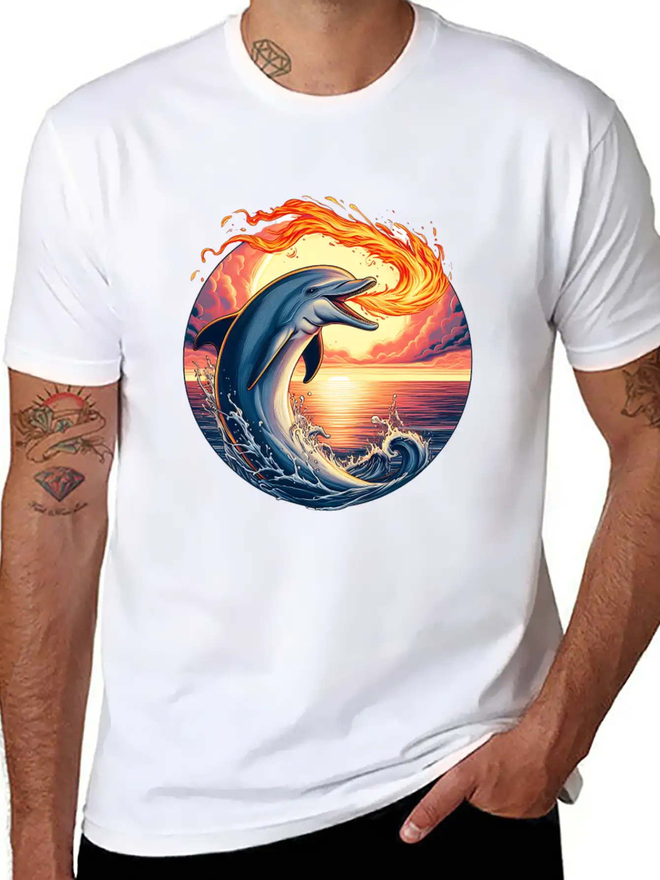 Fire-breathing Dolphin Sunset Basic Graphic T-Shirt ¨C Daily Comfort In Soft Cotton