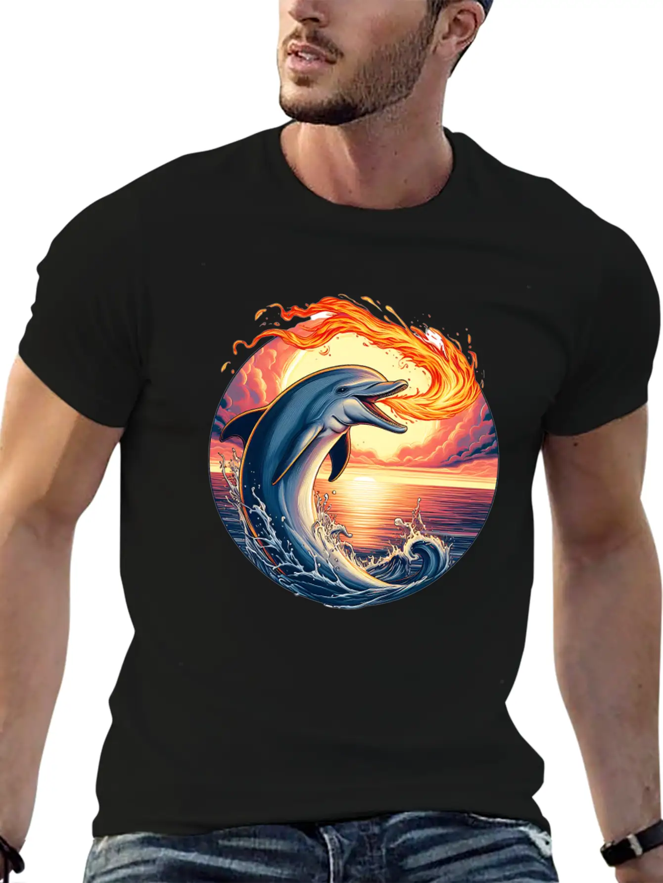 Fire-breathing Dolphin Sunset Basic Graphic T-Shirt ¨C Daily Comfort In Soft Cotton
