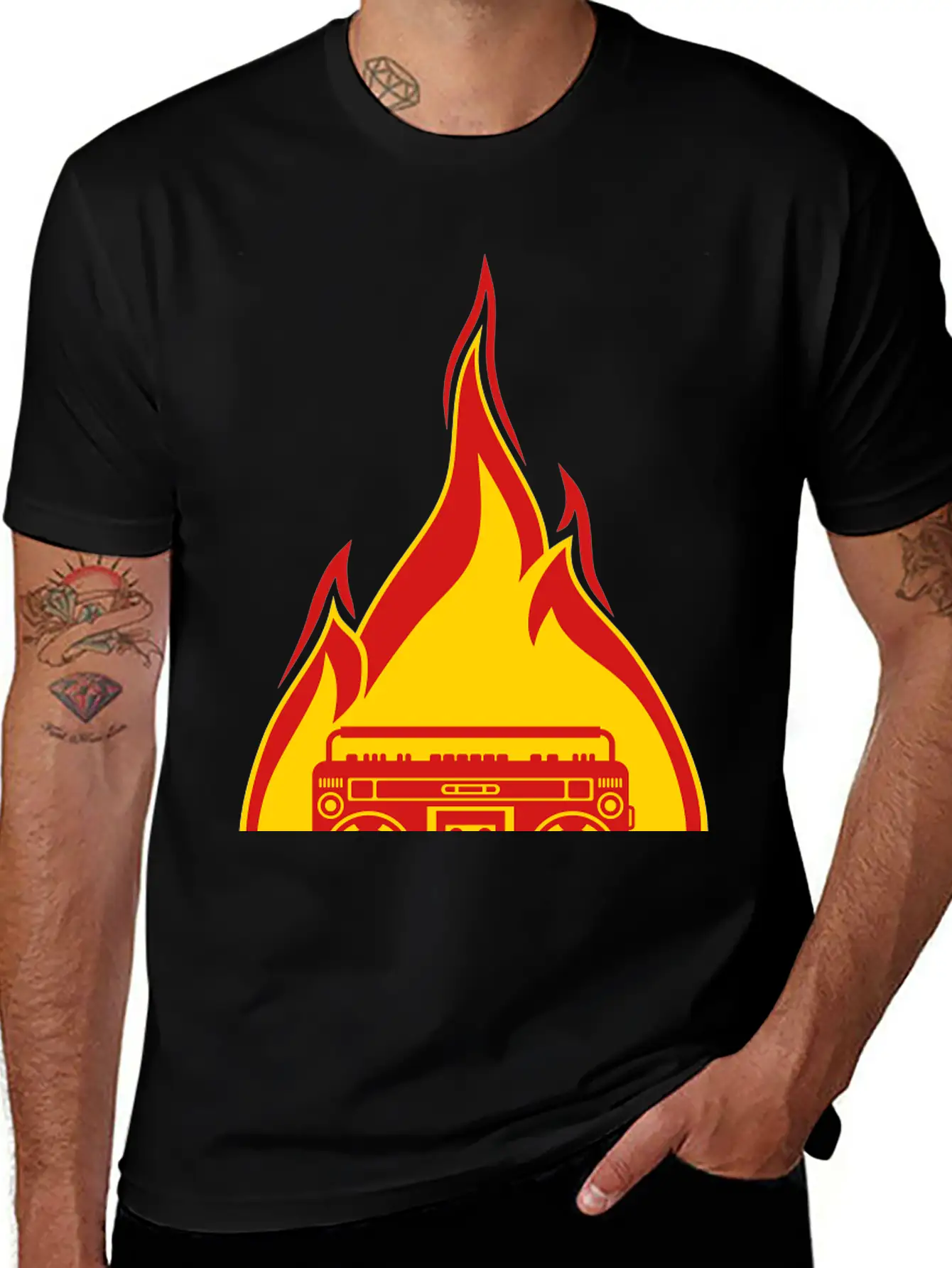 Fire Ghettoblaster Flames Burning Hot Torch Music Essential Cotton Tee For Daily Outfits ¨C Unisex Style