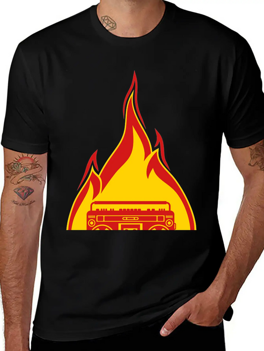 Fire Ghettoblaster Flames Burning Hot Torch Music Essential Cotton Tee For Daily Outfits ¨C Unisex Style