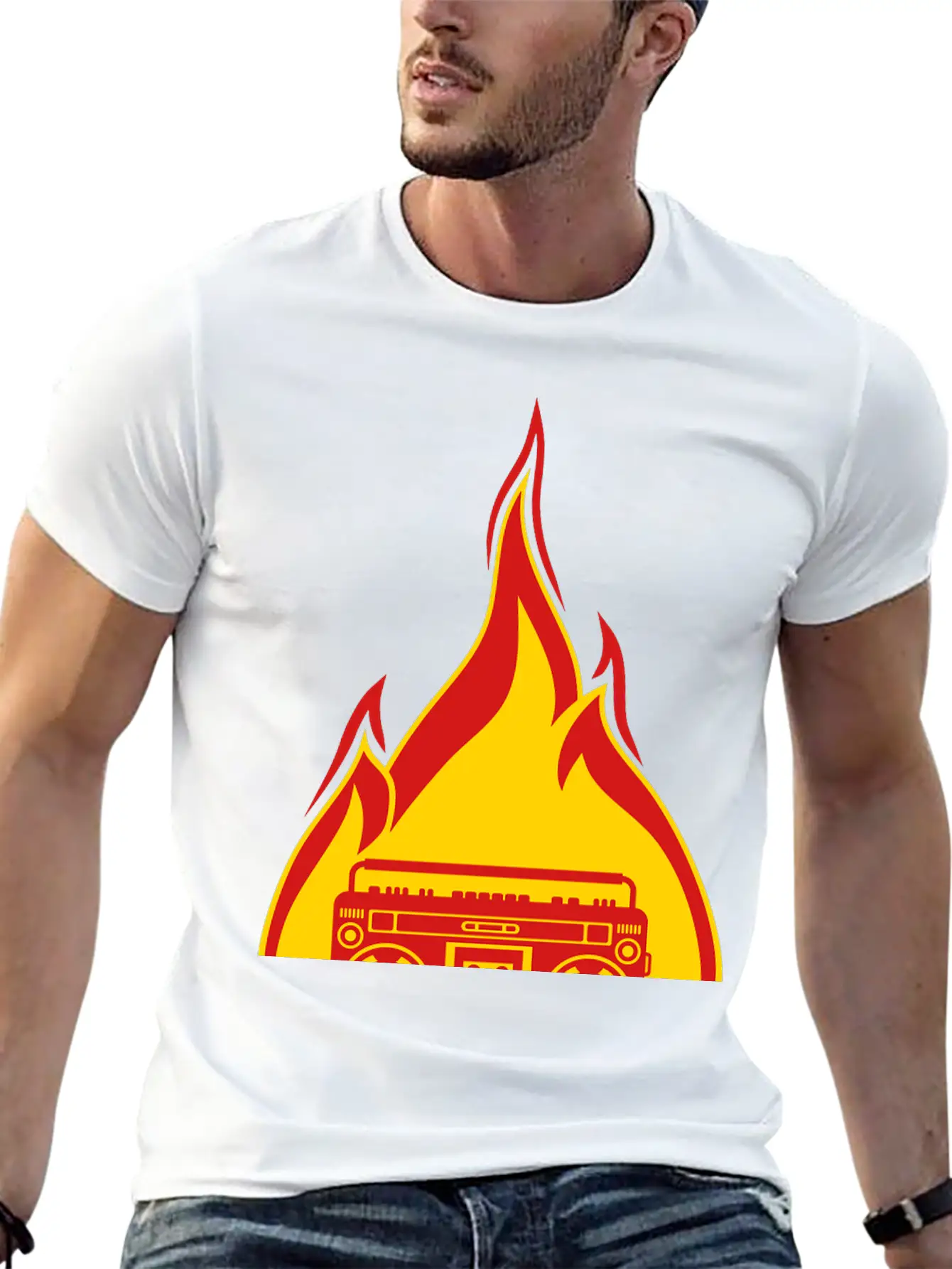 Fire Ghettoblaster Flames Burning Hot Torch Music Essential Cotton Tee For Daily Outfits ¨C Unisex Style