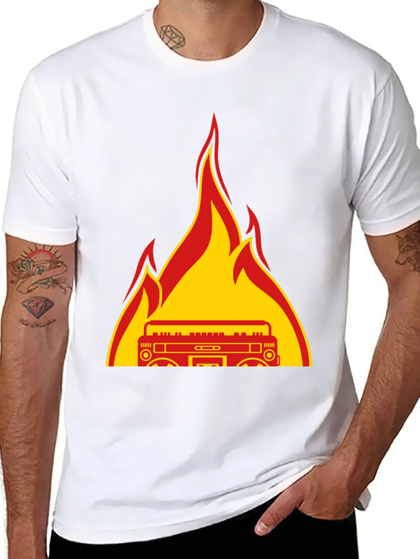 Fire Ghettoblaster Flames Burning Hot Torch Music Essential Cotton Tee For Daily Outfits ¨C Unisex Style