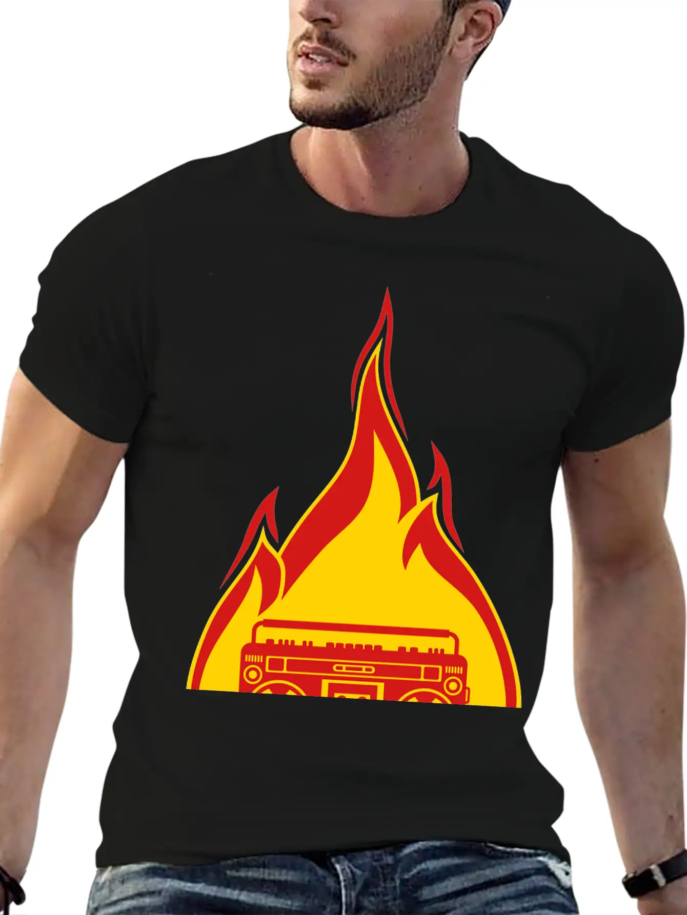 Fire Ghettoblaster Flames Burning Hot Torch Music Essential Cotton Tee For Daily Outfits ¨C Unisex Style