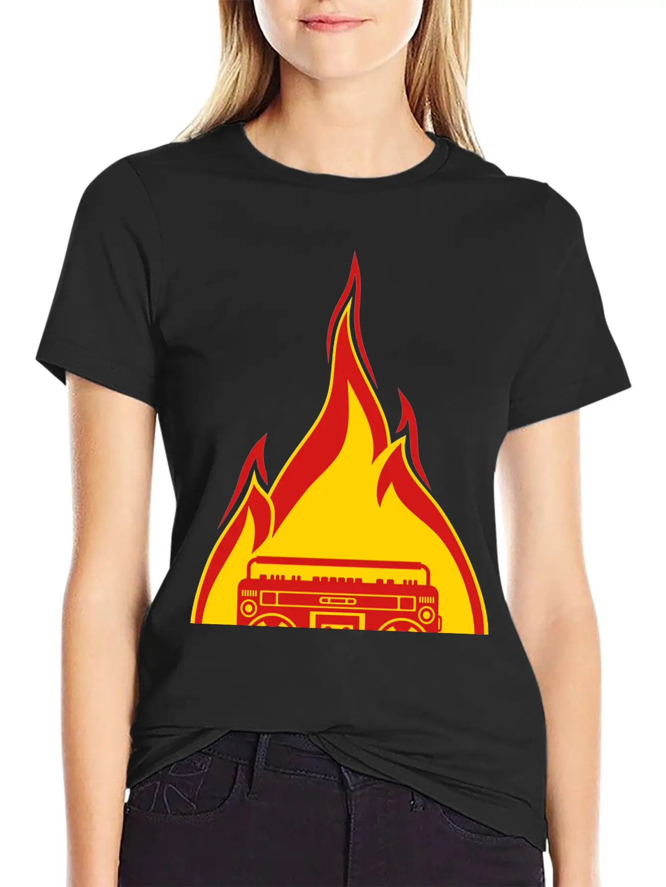Fire Ghettoblaster Flames Burning Hot Torch Music Essential Cotton Tee For Daily Outfits ¨C Unisex Style