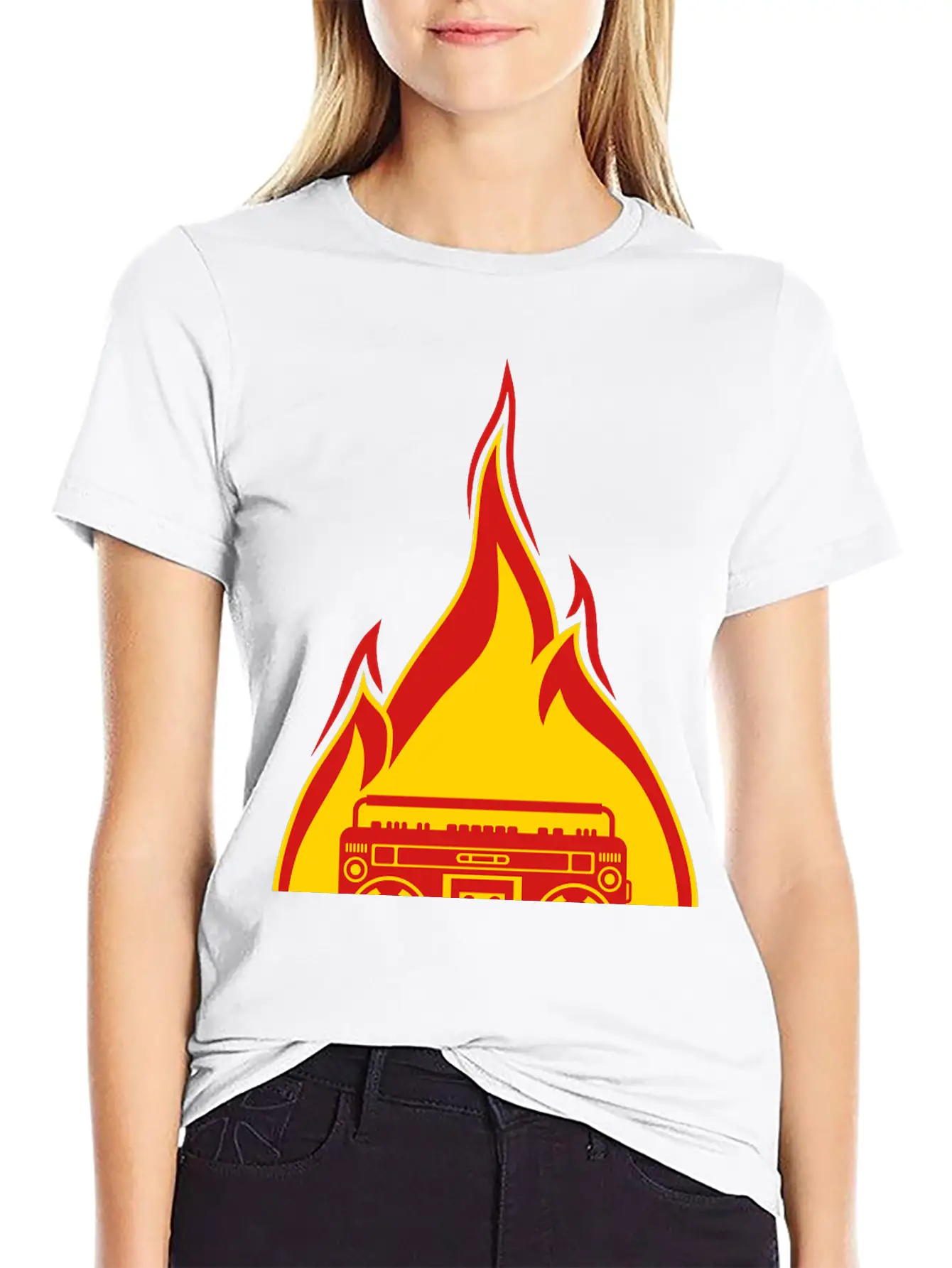Fire Ghettoblaster Flames Burning Hot Torch Music Essential Cotton Tee For Daily Outfits ¨C Unisex Style