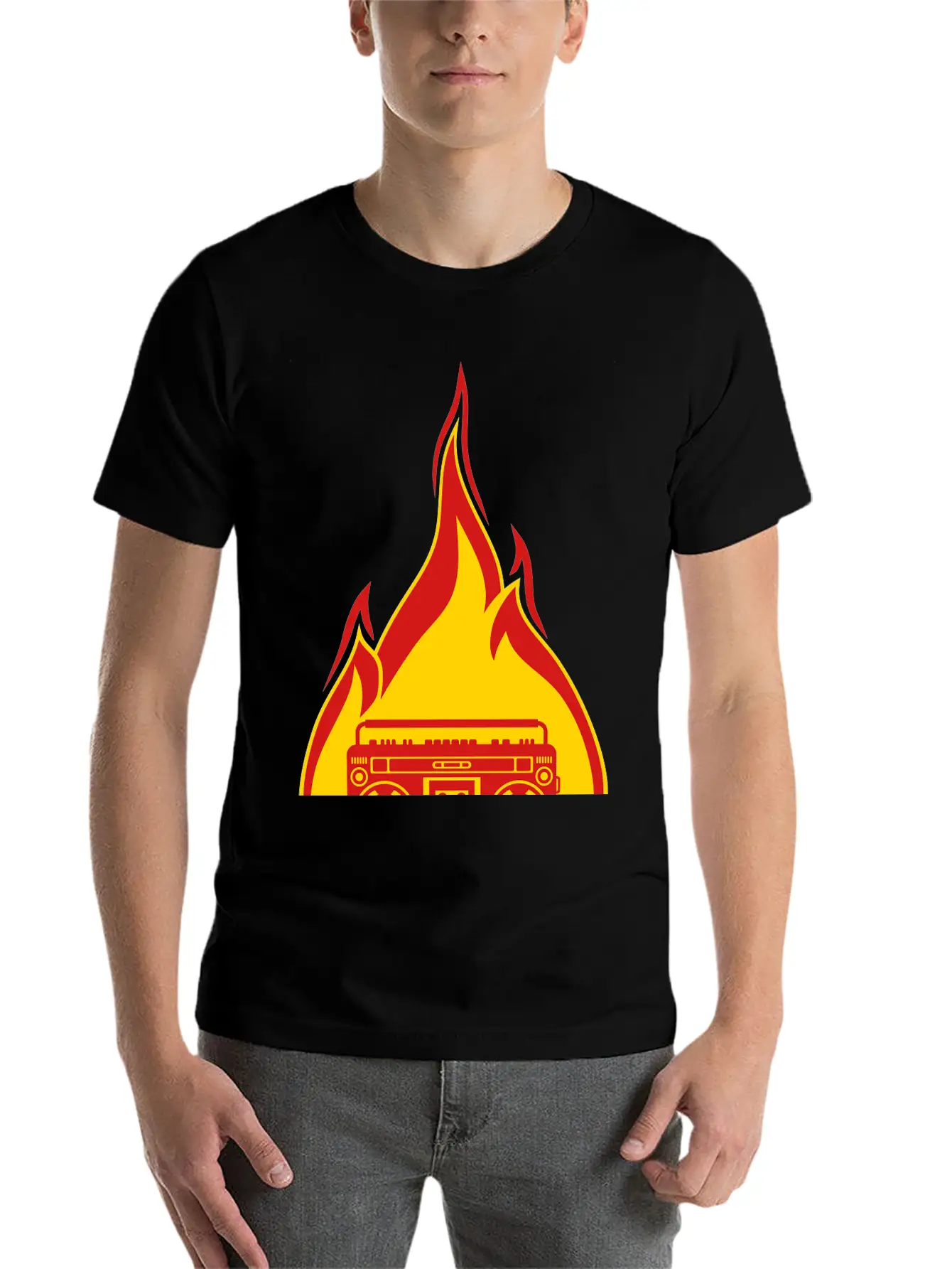 Fire Ghettoblaster Flames Burning Hot Torch Music Essential Cotton Tee For Daily Outfits ¨C Unisex Style
