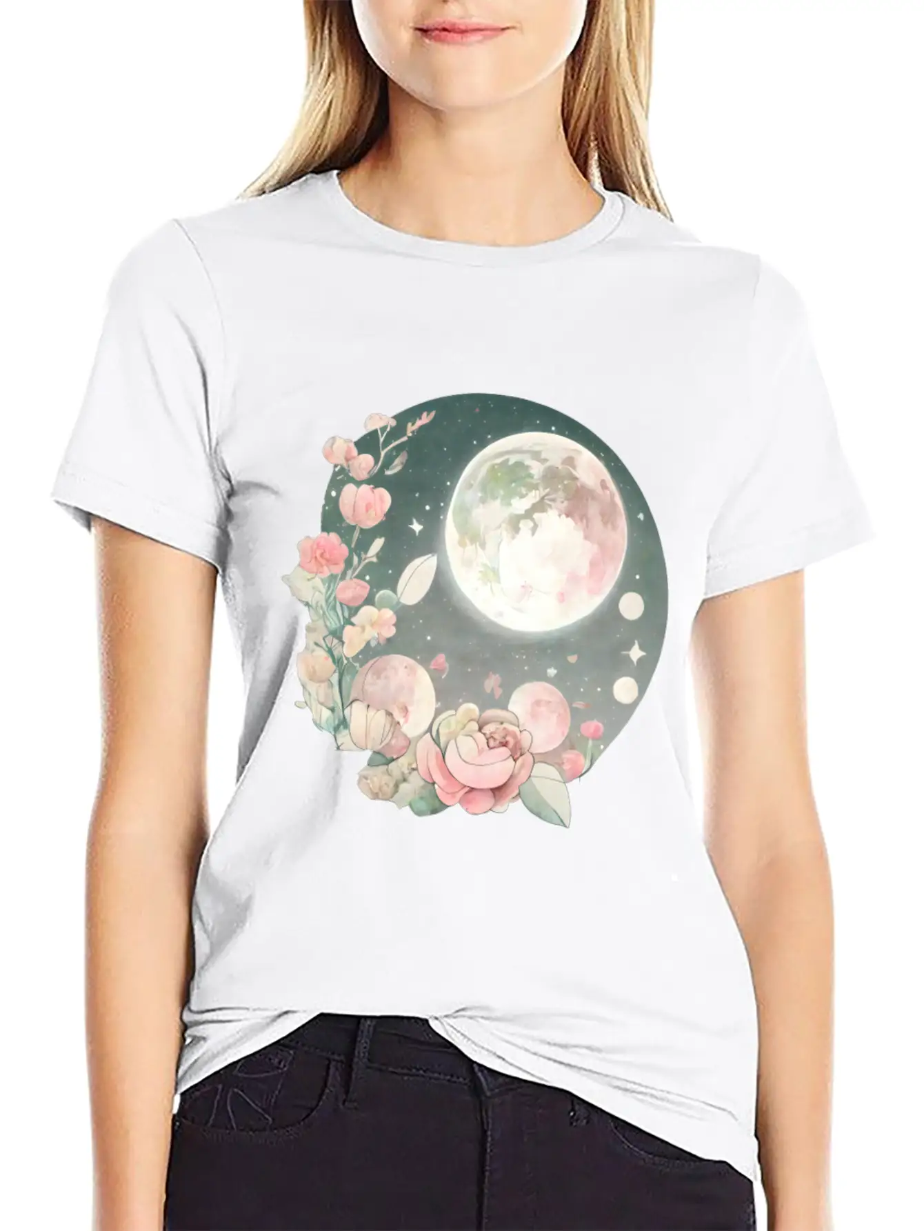 Full Moon Lunar Phases Space Stars Flowers Nature Soft Cotton Short Sleeve Tee ¨C Unisex Wardrobe Staple
