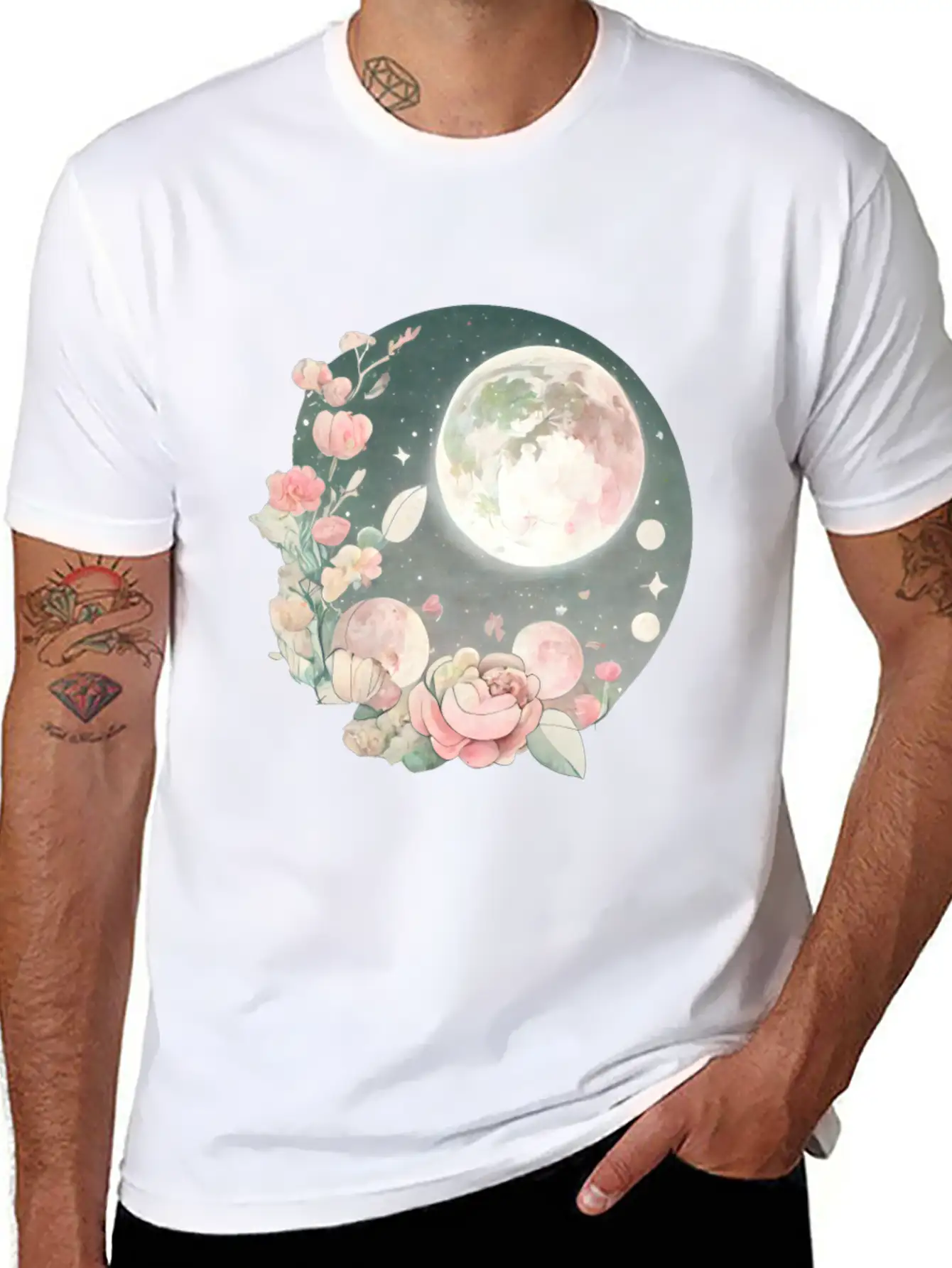 Full Moon Lunar Phases Space Stars Flowers Nature Soft Cotton Short Sleeve Tee ¨C Unisex Wardrobe Staple