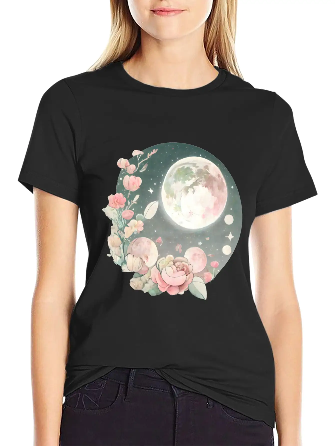 Full Moon Lunar Phases Space Stars Flowers Nature Soft Cotton Short Sleeve Tee ¨C Unisex Wardrobe Staple
