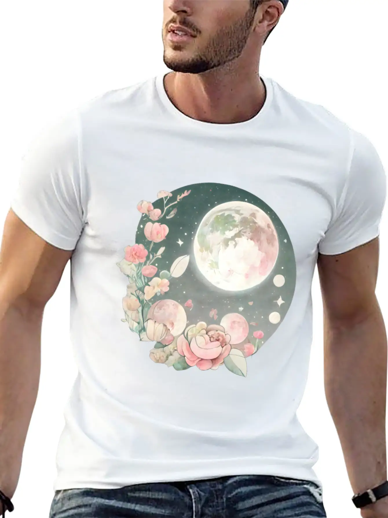 Full Moon Lunar Phases Space Stars Flowers Nature Soft Cotton Short Sleeve Tee ¨C Unisex Wardrobe Staple