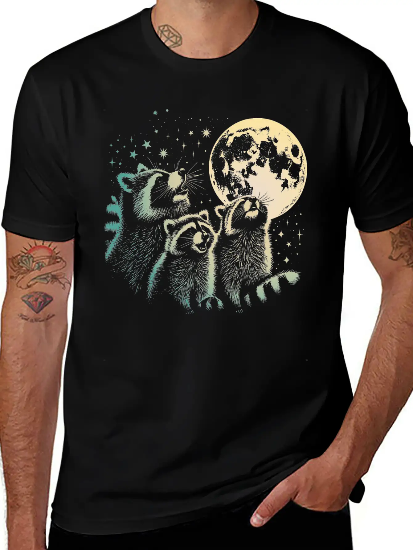 Funny 3 Howling Raccoons Under Moon Space Cowboy M Soft Cotton Short Sleeve Tee ¨C Unisex Wardrobe Staple