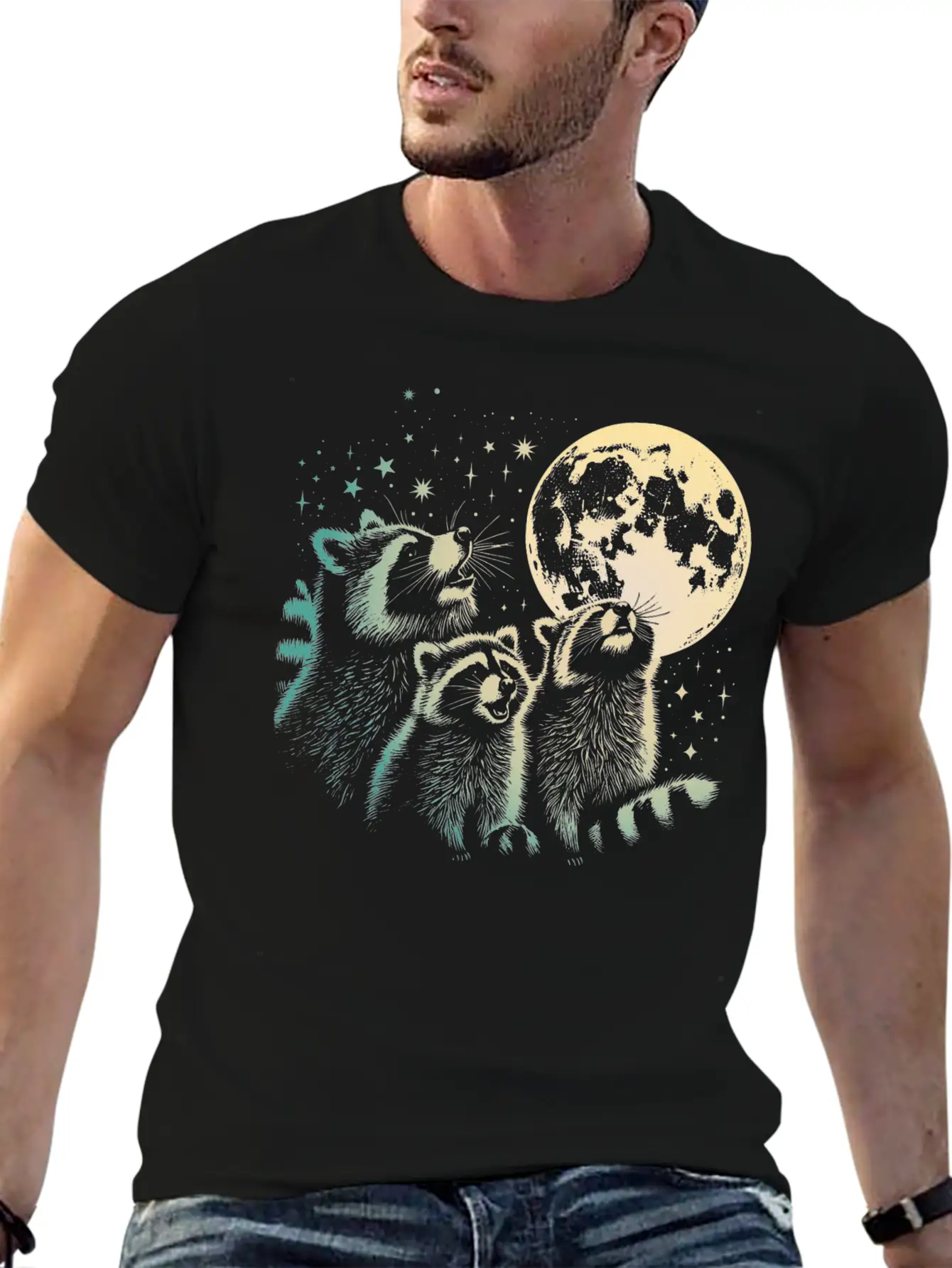 Funny 3 Howling Raccoons Under Moon Space Cowboy M Soft Cotton Short Sleeve Tee ¨C Unisex Wardrobe Staple