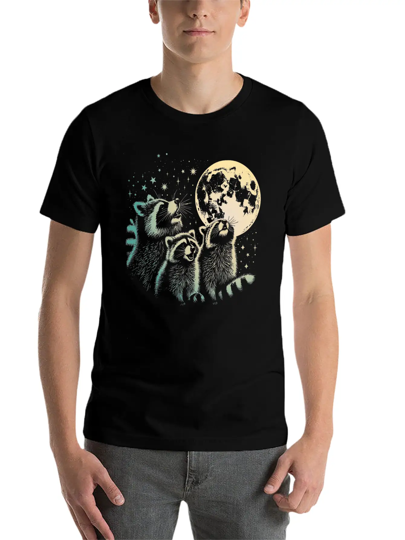 Funny 3 Howling Raccoons Under Moon Space Cowboy M Soft Cotton Short Sleeve Tee ¨C Unisex Wardrobe Staple