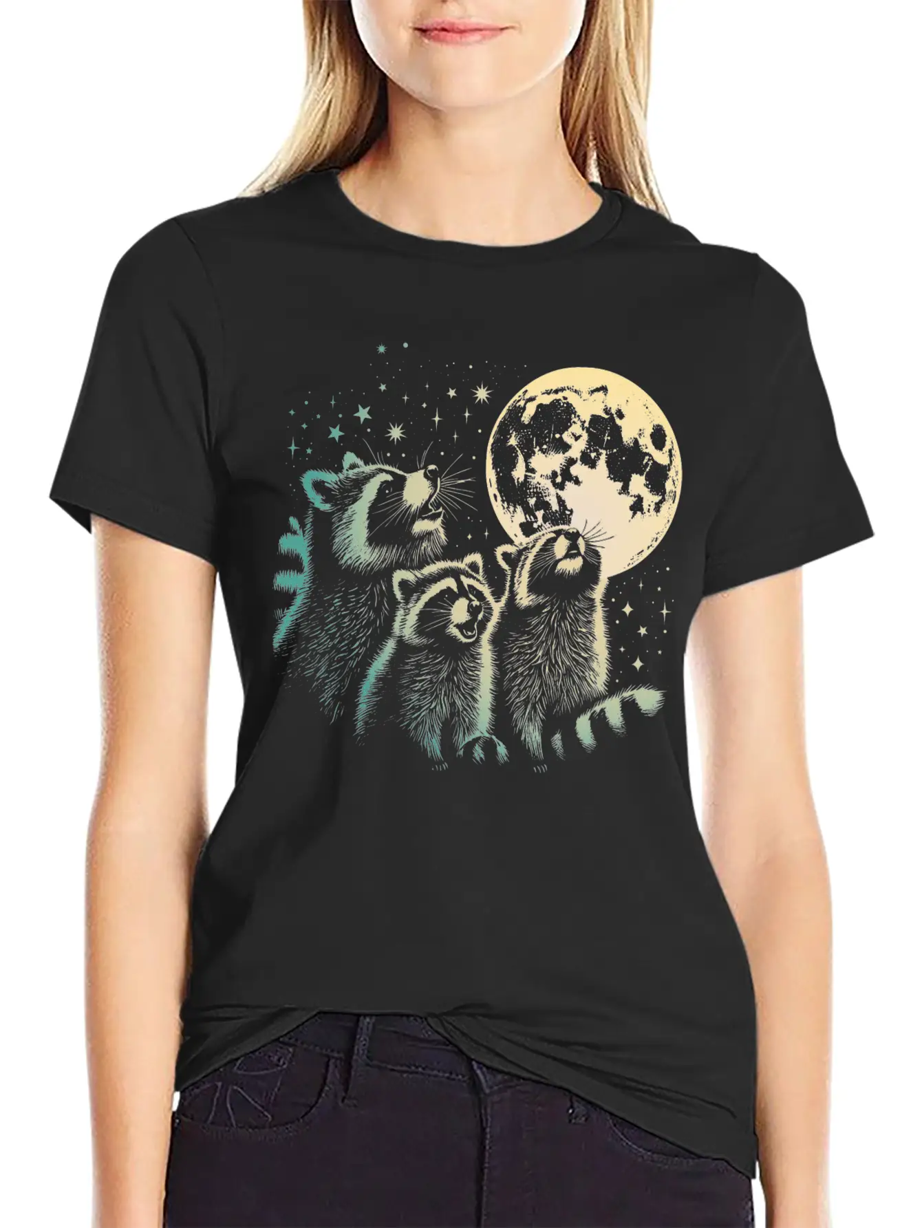 Funny 3 Howling Raccoons Under Moon Space Cowboy M Soft Cotton Short Sleeve Tee ¨C Unisex Wardrobe Staple
