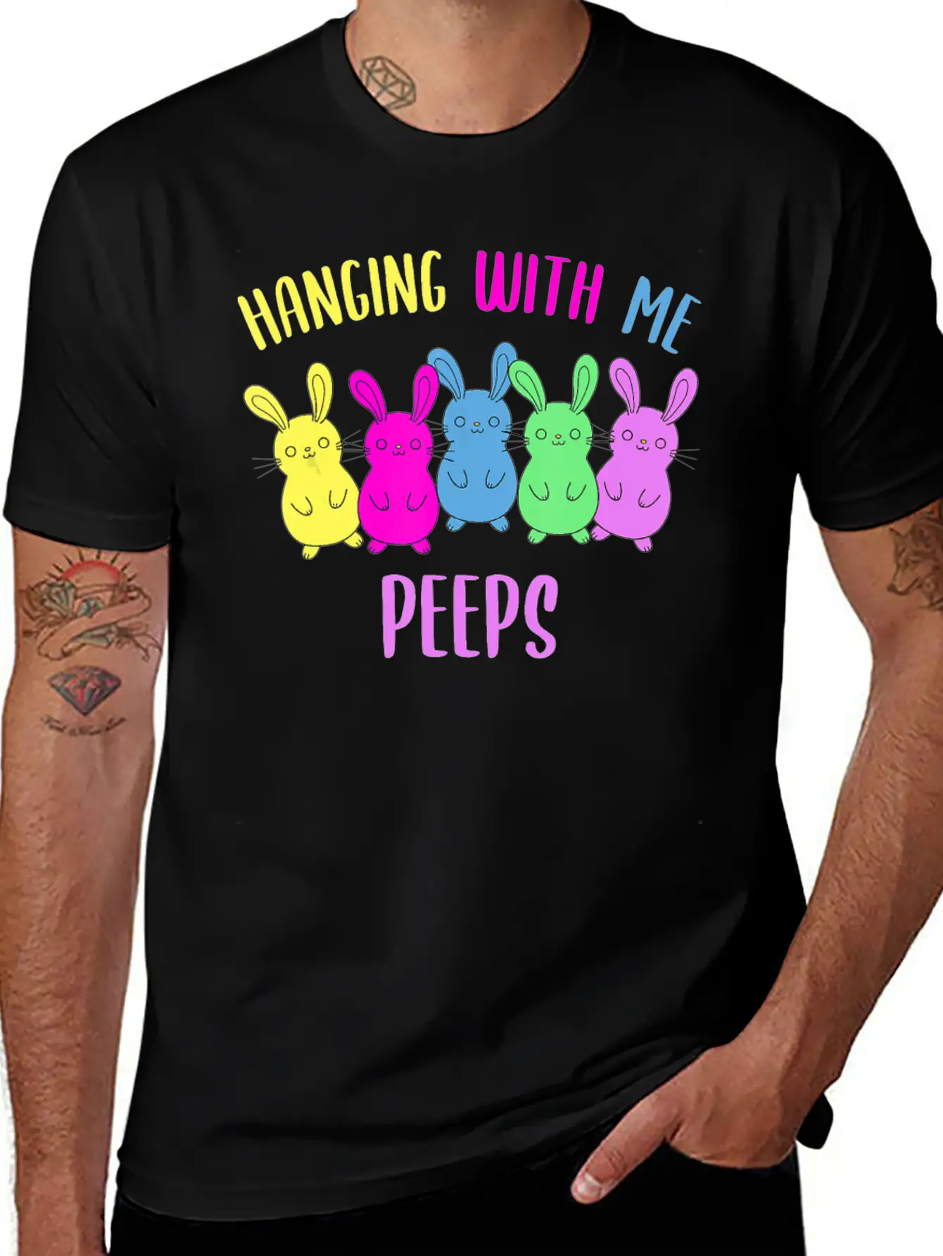 Funny Colorful Bunny Hanging With My Peeps Easter Soft Cotton Short Sleeve Tee ¨C Unisex Wardrobe Staple