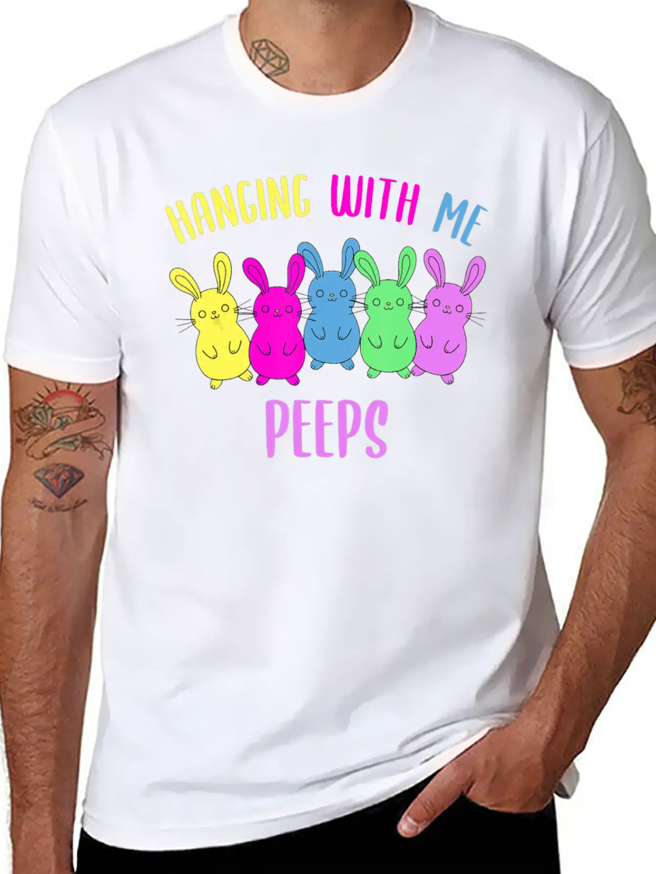 Funny Colorful Bunny Hanging With My Peeps Easter Soft Cotton Short Sleeve Tee ¨C Unisex Wardrobe Staple