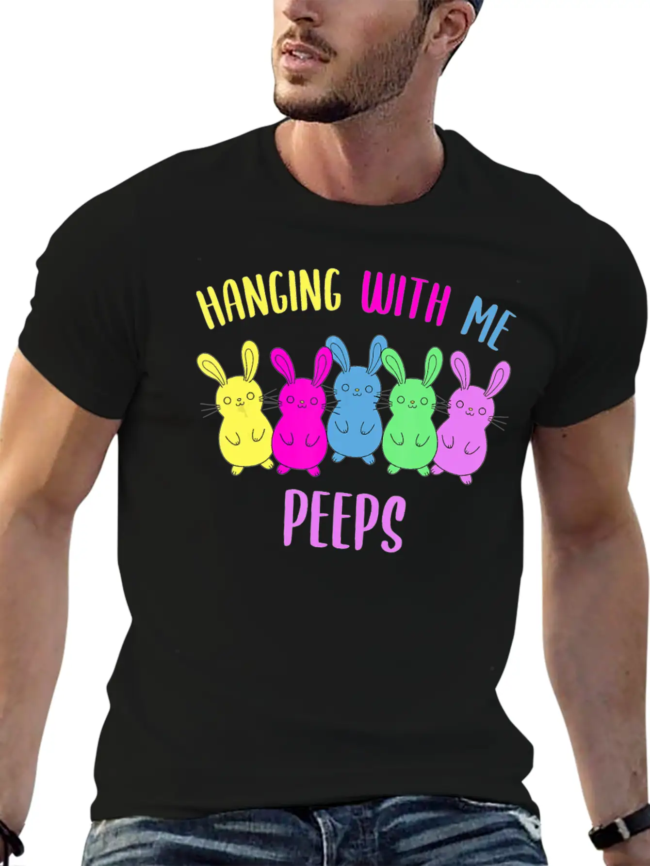 Funny Colorful Bunny Hanging With My Peeps Easter Soft Cotton Short Sleeve Tee ¨C Unisex Wardrobe Staple