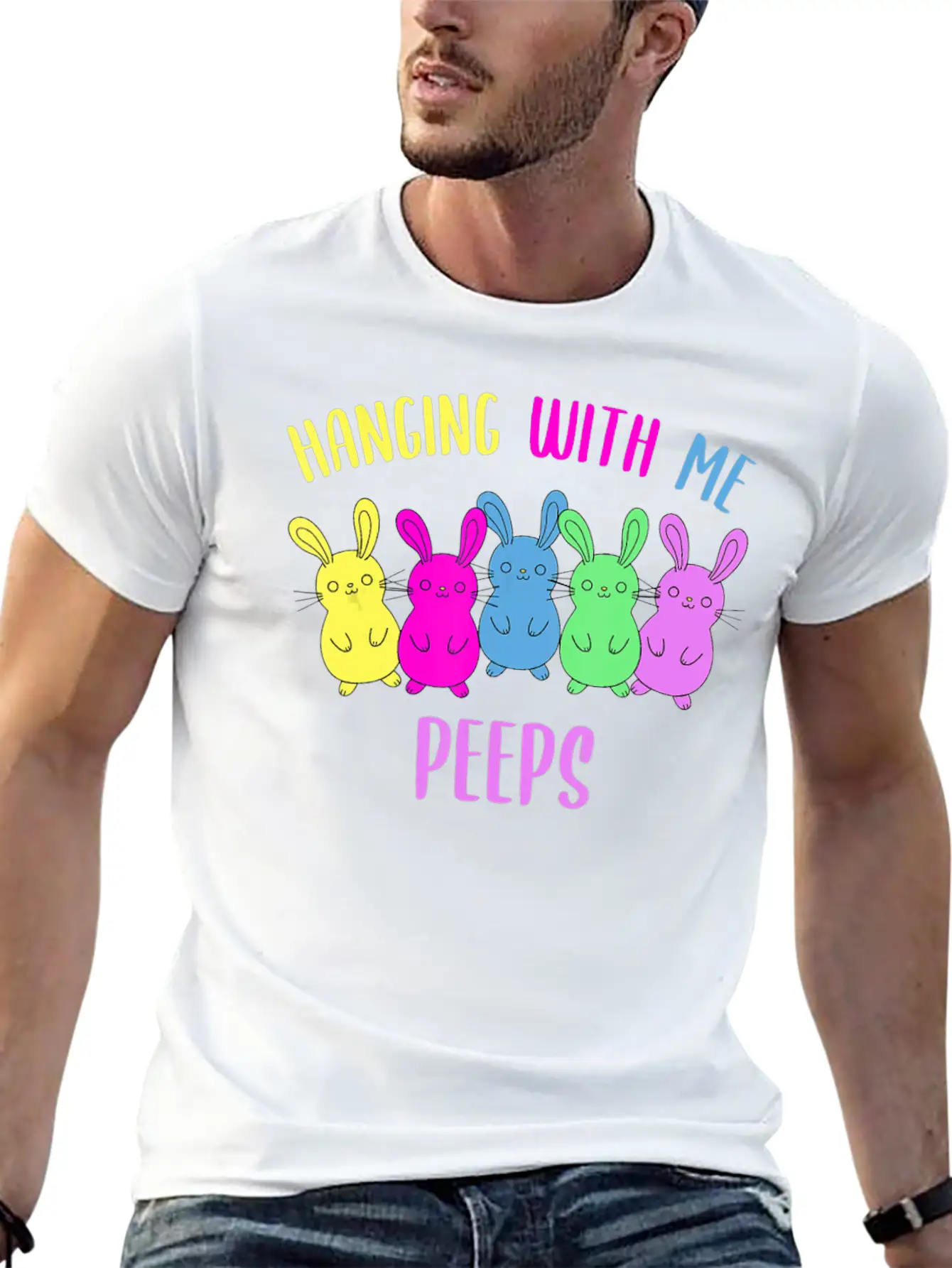 Funny Colorful Bunny Hanging With My Peeps Easter Soft Cotton Short Sleeve Tee ¨C Unisex Wardrobe Staple